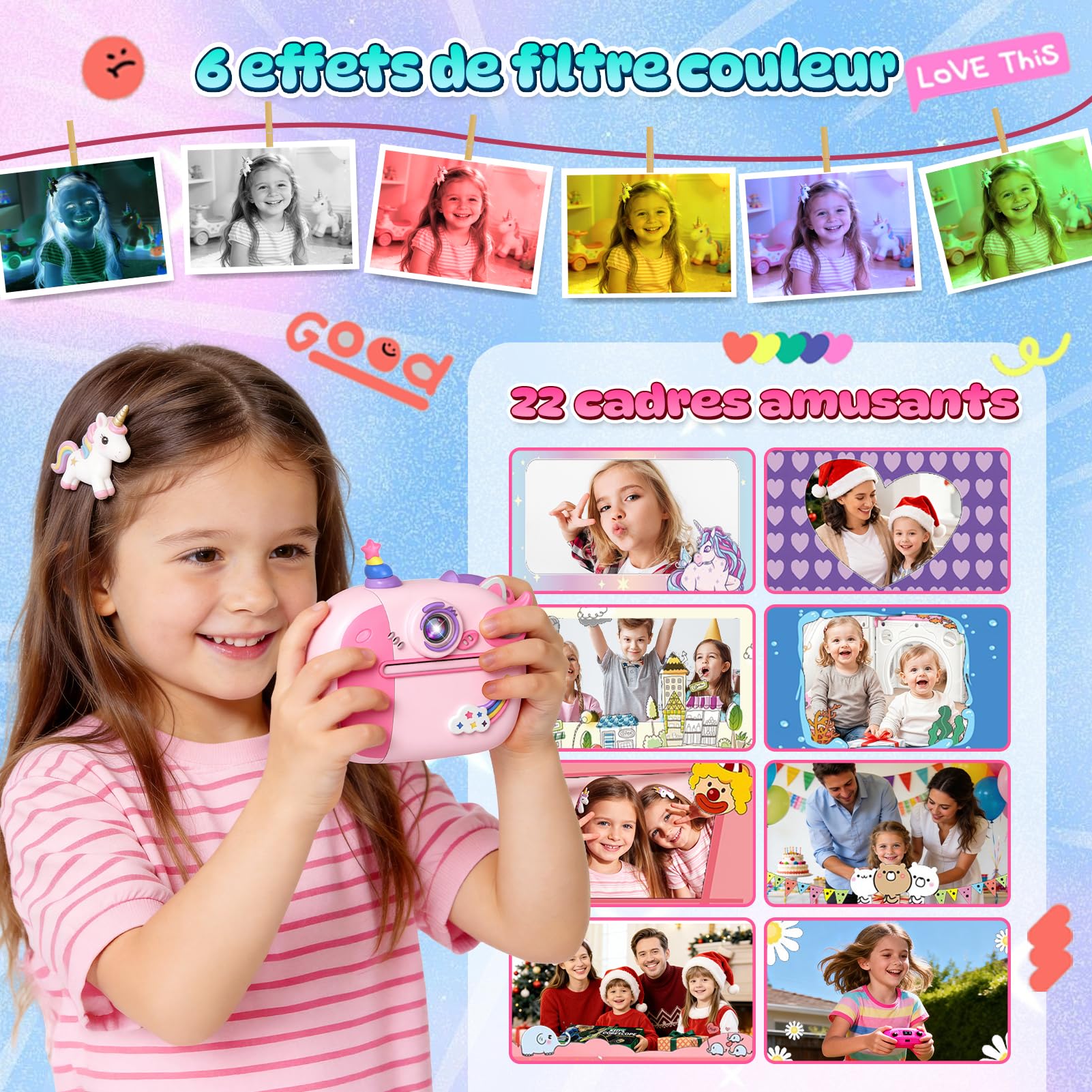 Wootoyz Sofortbildkamera, Einhorn Geschenk für Mädchen Kinderkamera Mädchen 4 5 6 7 8 Jahre Spielzeug ab 3-12 Jahr Einhorn Spielzeug ab 5 6 7 8 Jahre Sofortbildkamera Kinder 32G Karte Rosa