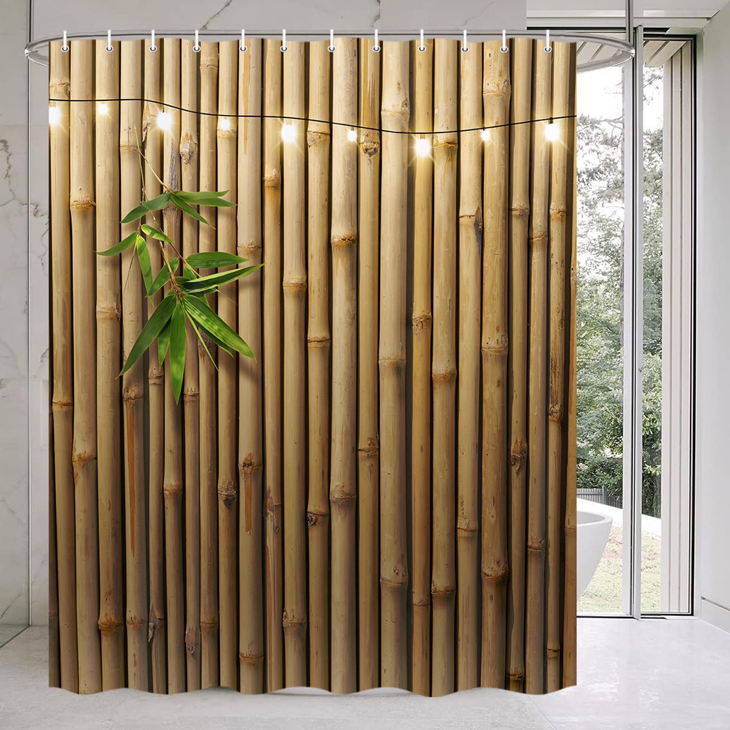 Bamboo Shower Curtain, Japanese 3D Shower Curtain Set for Bathroom, Nature Zen with Lights Fabric Shower Curtain Restroom Bathtub Decor Accessories with Hooks 72X 84 inch