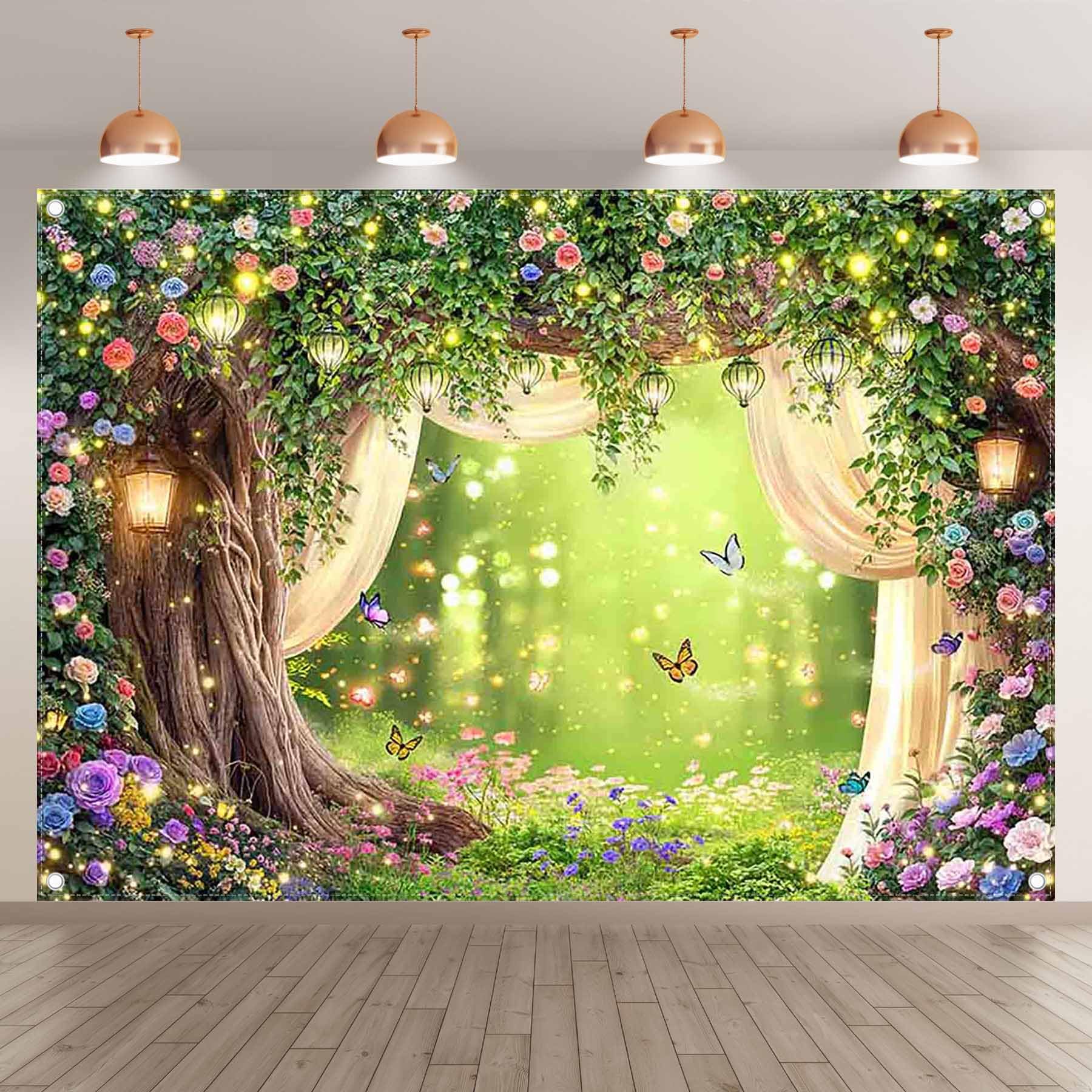 Luminora 2,1x1,5m Primavera Incantato Paese delle Meraviglie Foresta Sfondo Alberi Floreale Bosco Magia Farfalle Tende Trasparenti Sfondo Bambini Adulti Decorazioni per Feste Foto Banner Puntelli