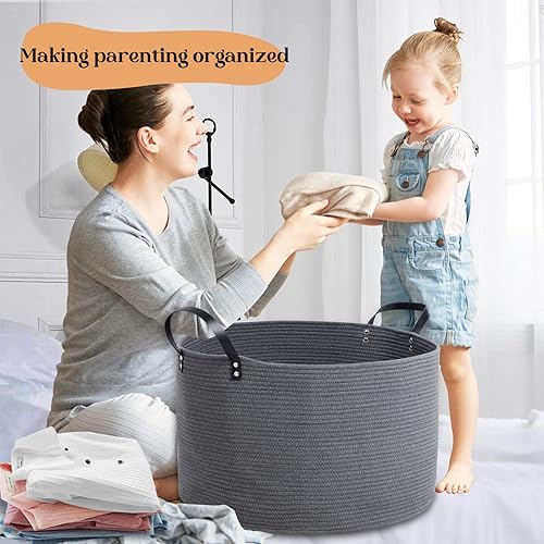 Miniatura 4 de Luxury Little Cesta de almacenamiento extragrande para guardería, 22 x 22 x 14 pulgadas, cesta de cuerda de algodón 100% con asas, cesta de