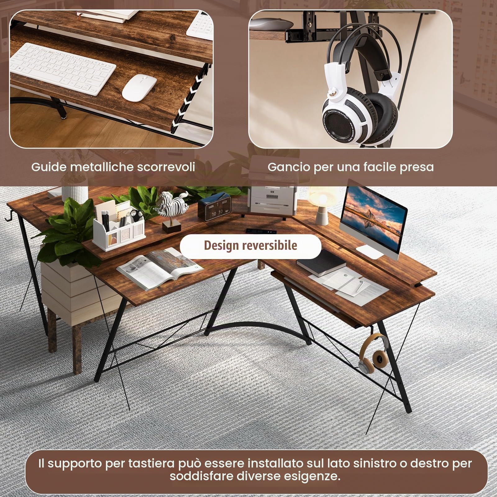 LIFEZEAL Scrivania Ufficio Angolare a Forma di L, Porta 2 Computer, Scrittoio con Stazione di Ricarica, Supporto di Monitor, Vassoio per Tastiera, Gancio per Cuffie, Postazione di Lavoro (marrone)