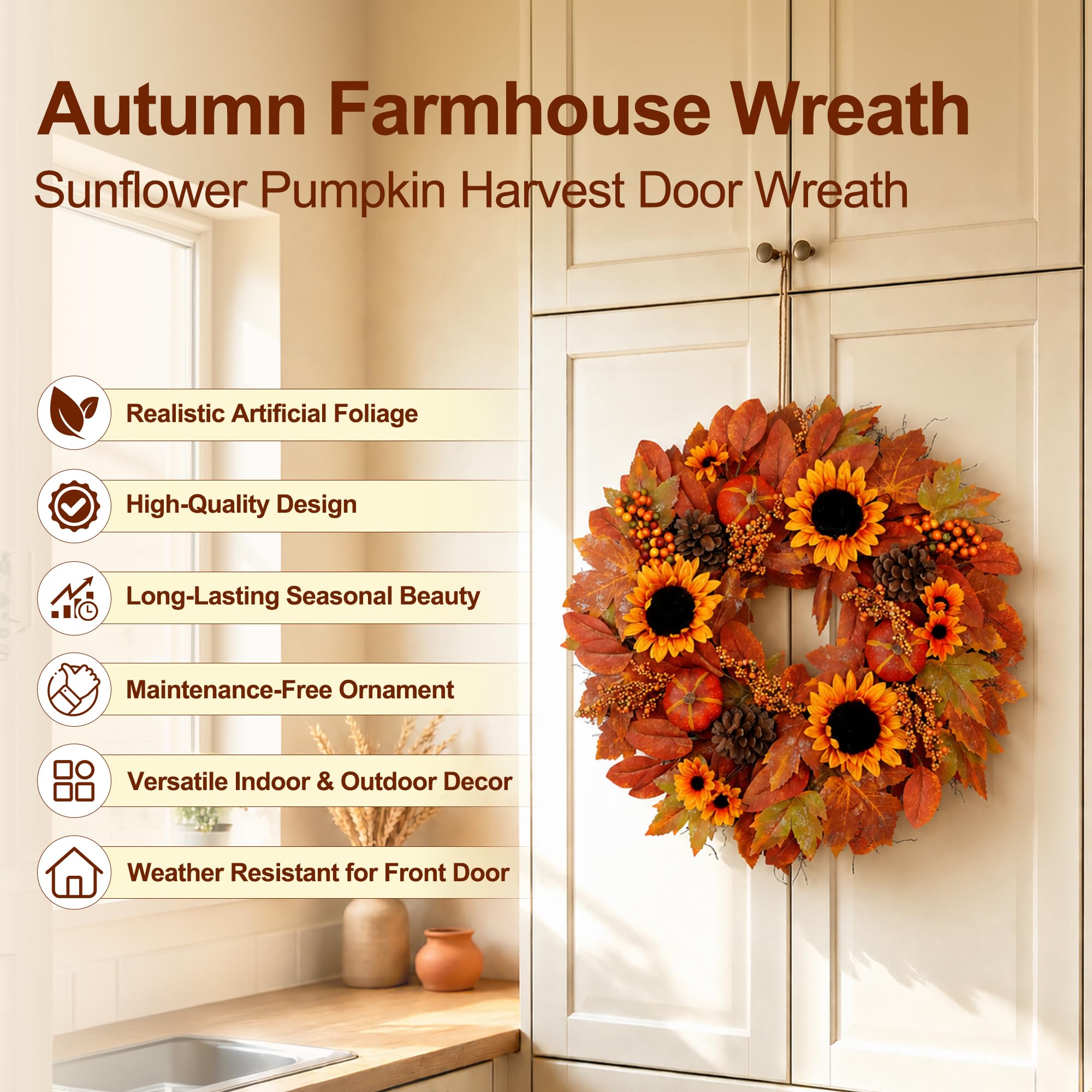 Couronne d'automne de tournesols de 61 cm pour porte d'entrée