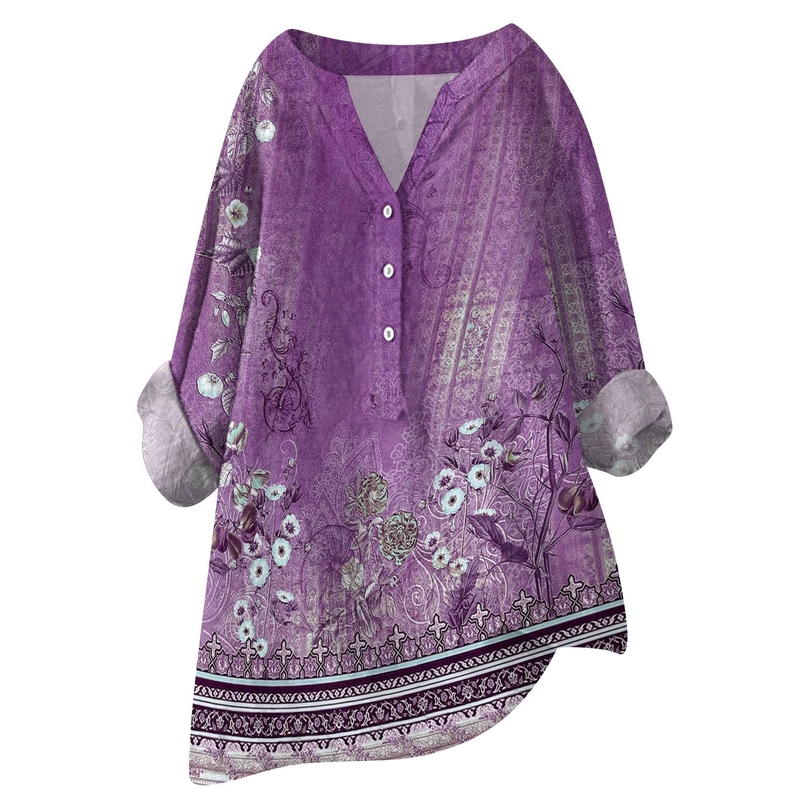 Women Oversized Cotton Linen Shirts Button Down Summer Blouse Roll-Up Sleeve Tops Tunic Trendy Boho Ladies Clothes 2024(Zc-Purple,Large) โ image 1