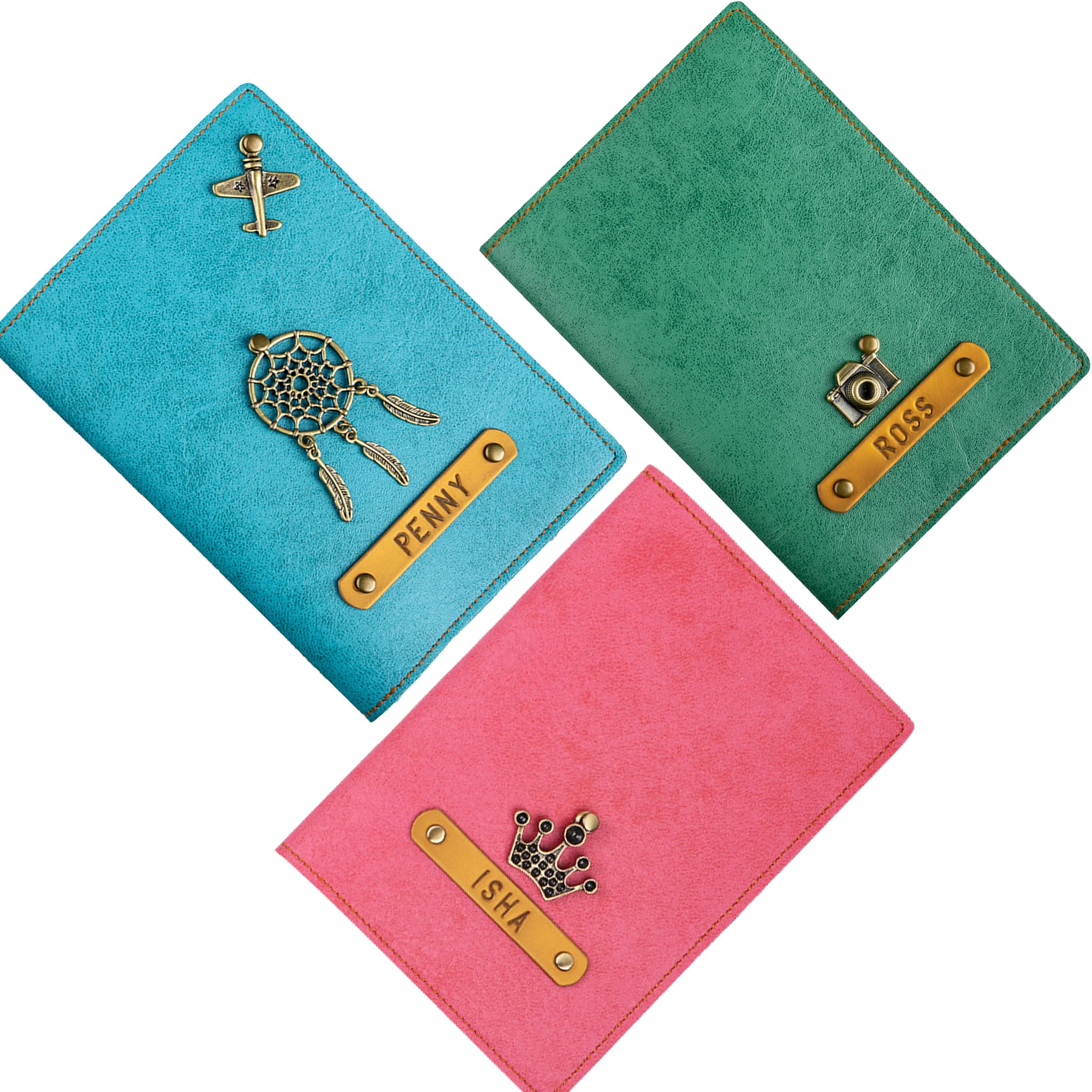The Junket Personalized Passport Holder for Family | Pu Leather Passport Cover with Customized Name & Charm | Handcrafted Unisex Gift for Travel (Pack of 3), Multicolor