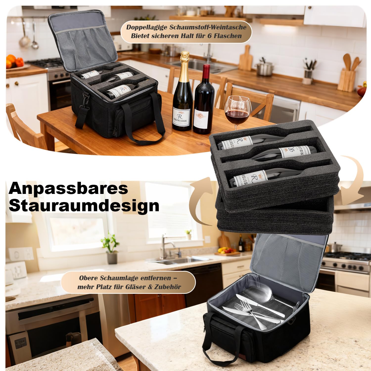 Bolsa de vino para 6 botellas de viaje, caja de vino con doble capa de espuma que absorbe los golpes, bolsa protectora para viajes en avión, bolsa de transporte para 6 botellas para viajes y