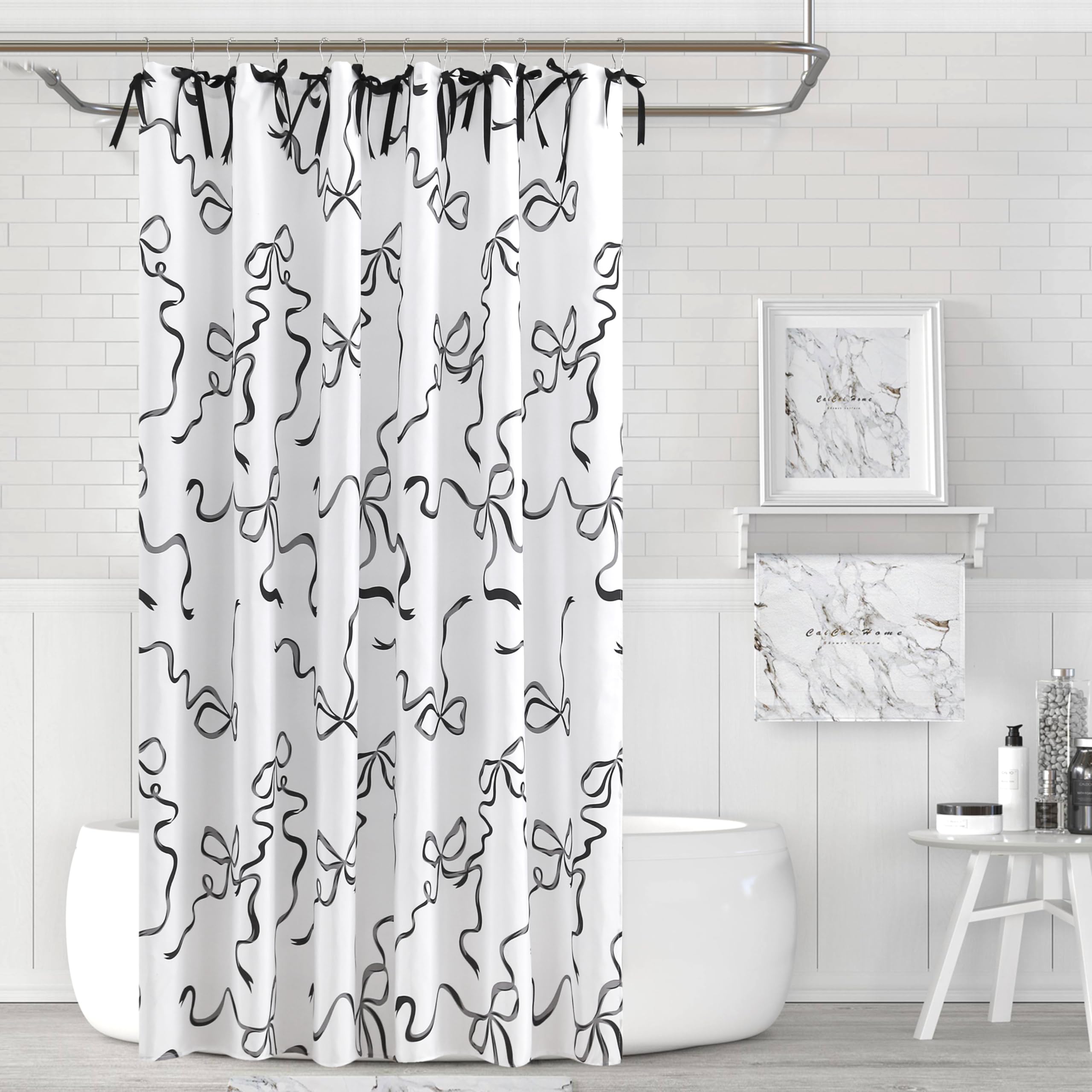 Rideau de douche Coquette fabriqué à la main avec nœud papillon pour salle de bain principale, rideau de salle de bain froncé en microfibre avec 12 boutonnières, 183 x 182,9 cm (l x H) (noir