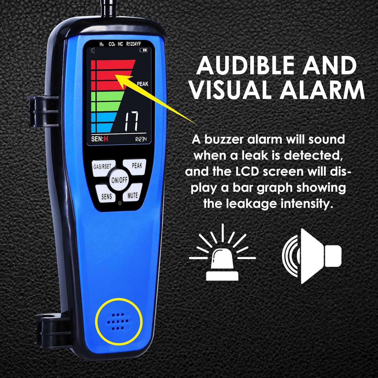 HVAC Refrigerant Leak Detector Heated Diode Portable 17' Goosneck Probe Sensor Freon Leak Detector with Audible, Visual Alarm and LCD Bar Graph Display