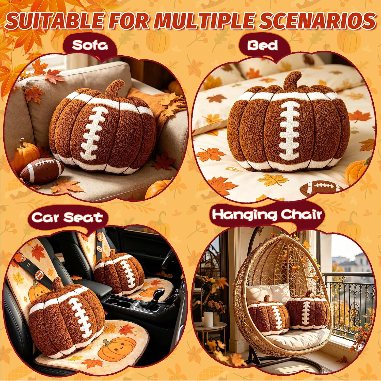 2Pcs 13.8" Fall Football Pumpkin Throw Pillows, Soft Teddy Fleece | Hypoallergenic Plush Stuffed Pumpkin Pillows for Couch Bed Home Decor, Machine Washable, Autumn Halloween Thanksgiving Gifts