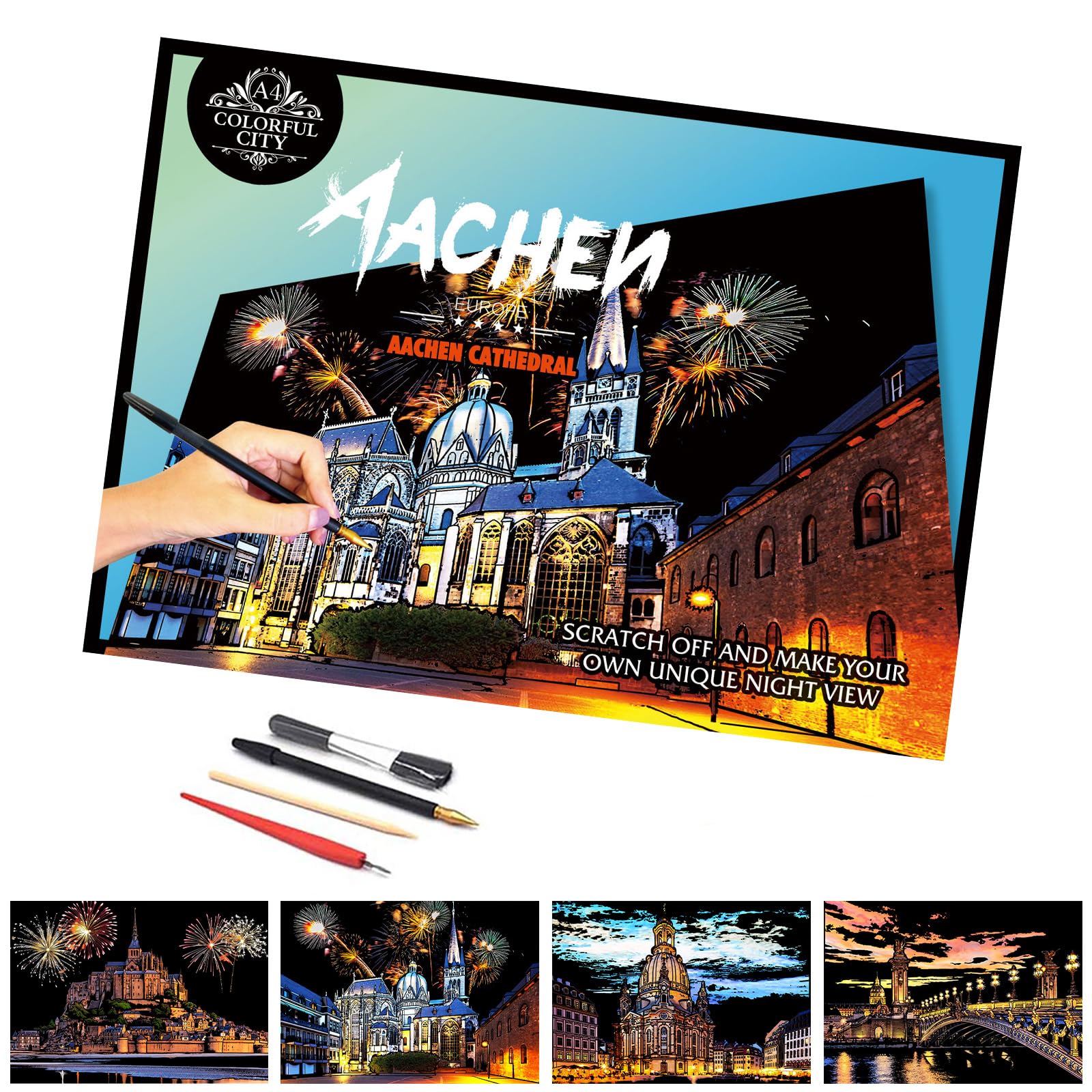 Iskueal Scratch Painting Kits for Adults,Scratch Art Scratchboard,Family Creative DIY Painting Papers,4 Sheets with 4 Tools (Aachen Germany)