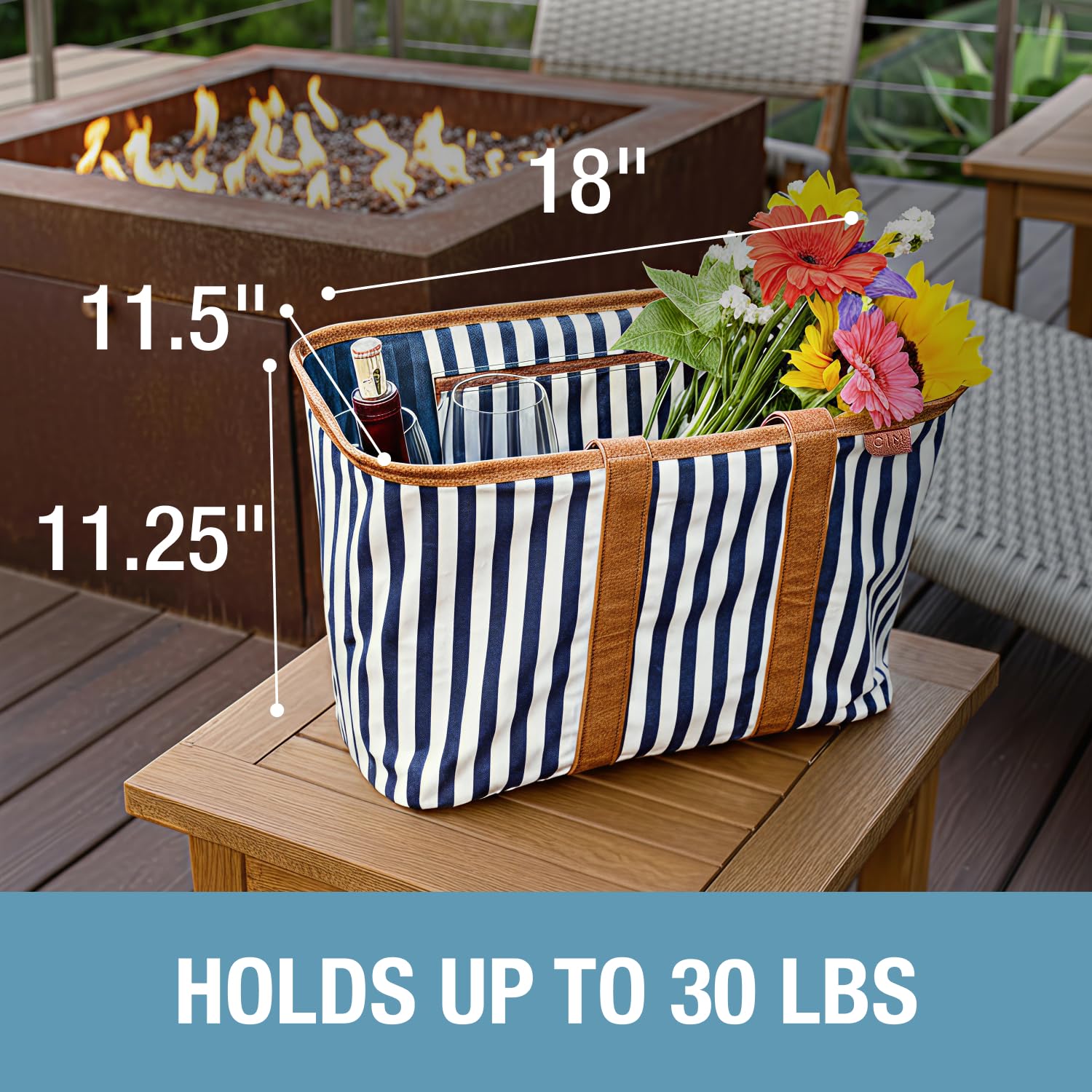 CleverMade Faltbare Luxus-Tragetasche, marineblau, gestreift, 1 Packung, 30 l, wiederverwendbare Einkaufstasche mit Griffen, verstärkter Unterseite
