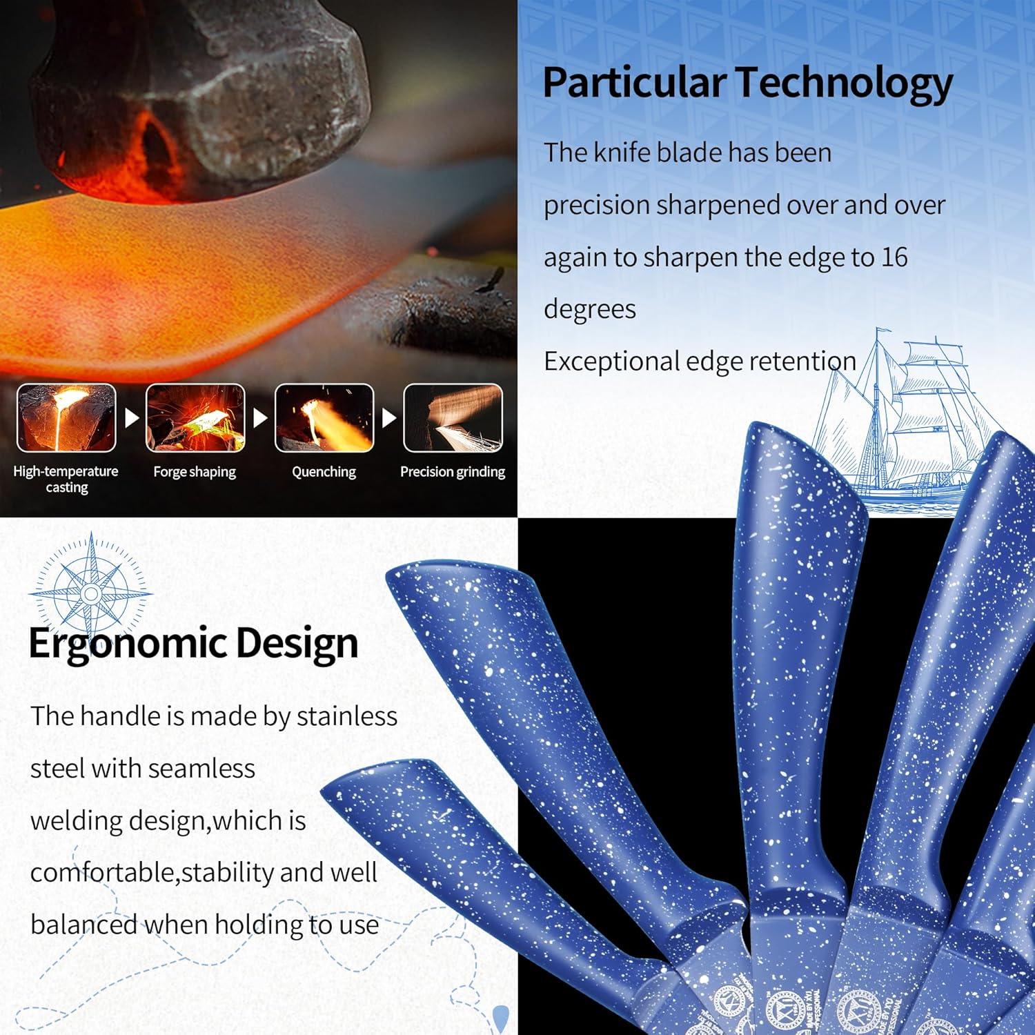 XYJ Authentic Since 1986,Kitchen Knife Block Set, Professional Japanese Chef Knife Set with Holder, Steak Knives, Stainless Steel Paring Bread Fish Boning Carving Slicing Knife,Blue - Image 3