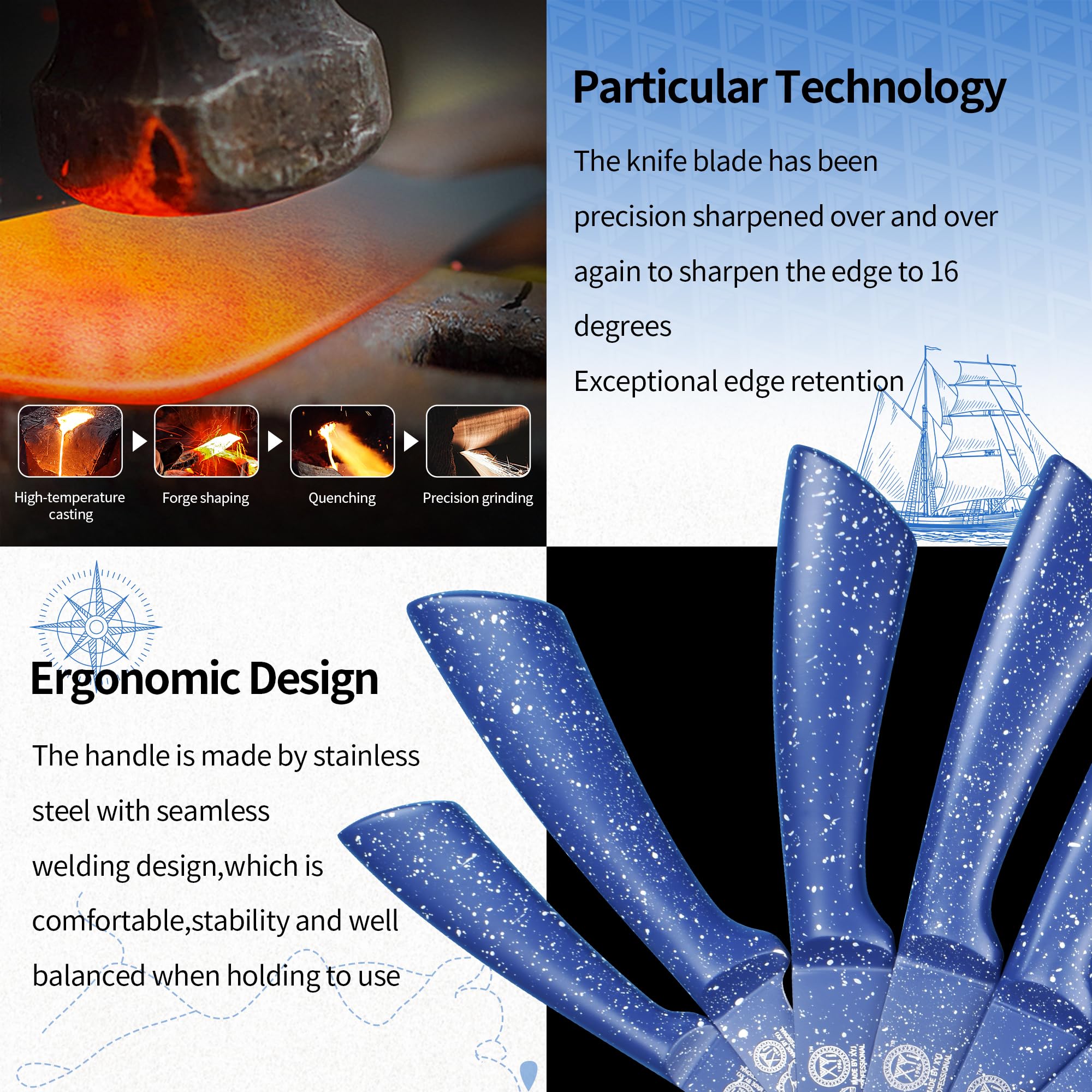 XYJ Authentic Since 1986 - Set di coltelli da cucina, in acciaio inox con portacoltelli, set professionale di coltelli da cucina giapponesi, per frutta, pane, coltello da bistecca, coltello da cuoco