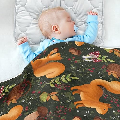 Miniatura 4 de Ollabaky Manta de algodón con diseño de ardilla y champiñones para niños y niñas, manta de algodón para cuna, cochecito o guardería, manta de