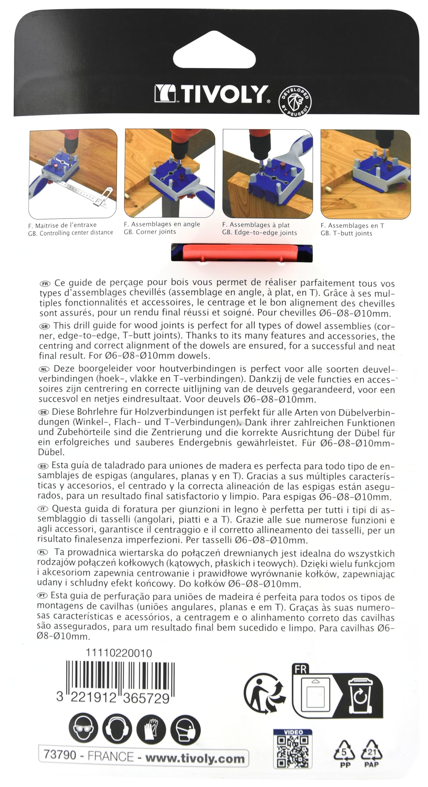 TIVOLY - Guide de Perçage pour Chevilles en Bois - Gabarit pour la Réalisation d'Assemblages Bois avec Tourillons - Perçage Ø 6/8/10mm - Epaisseur Maximum de la Planche de Bois : 50mm