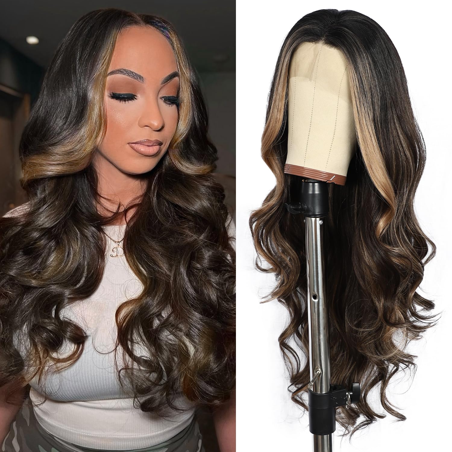 SOMIARIK Dark Brown with Blonde Tips Lace Front Wigs