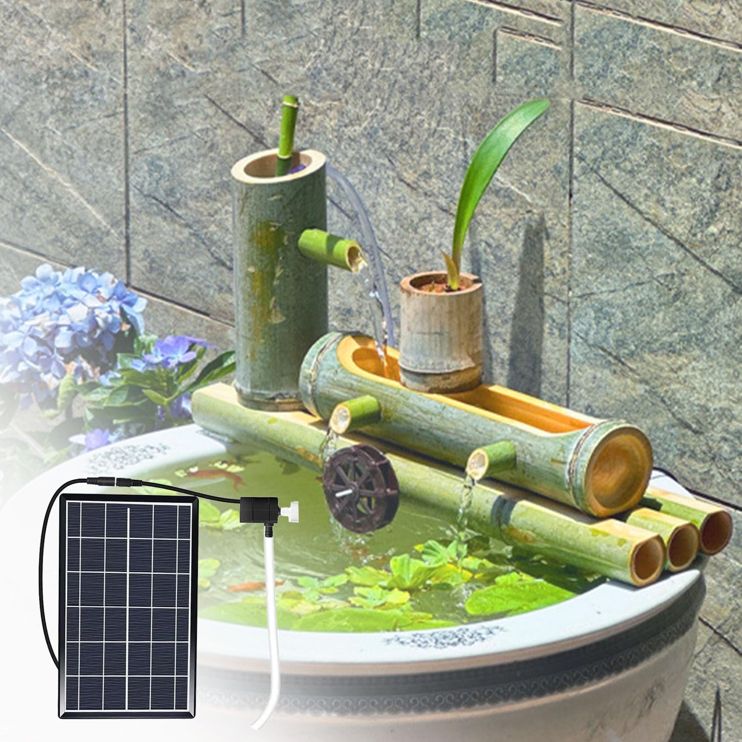 Kit Pompa Acqua Solare Fai da Te, Fontana in bambù per Interni/Esterni con Pompa, Fontana Decorativa da Giardino Resistente alle Spaccature, per Laghetto, Piscina, Giardino 60 Cm
