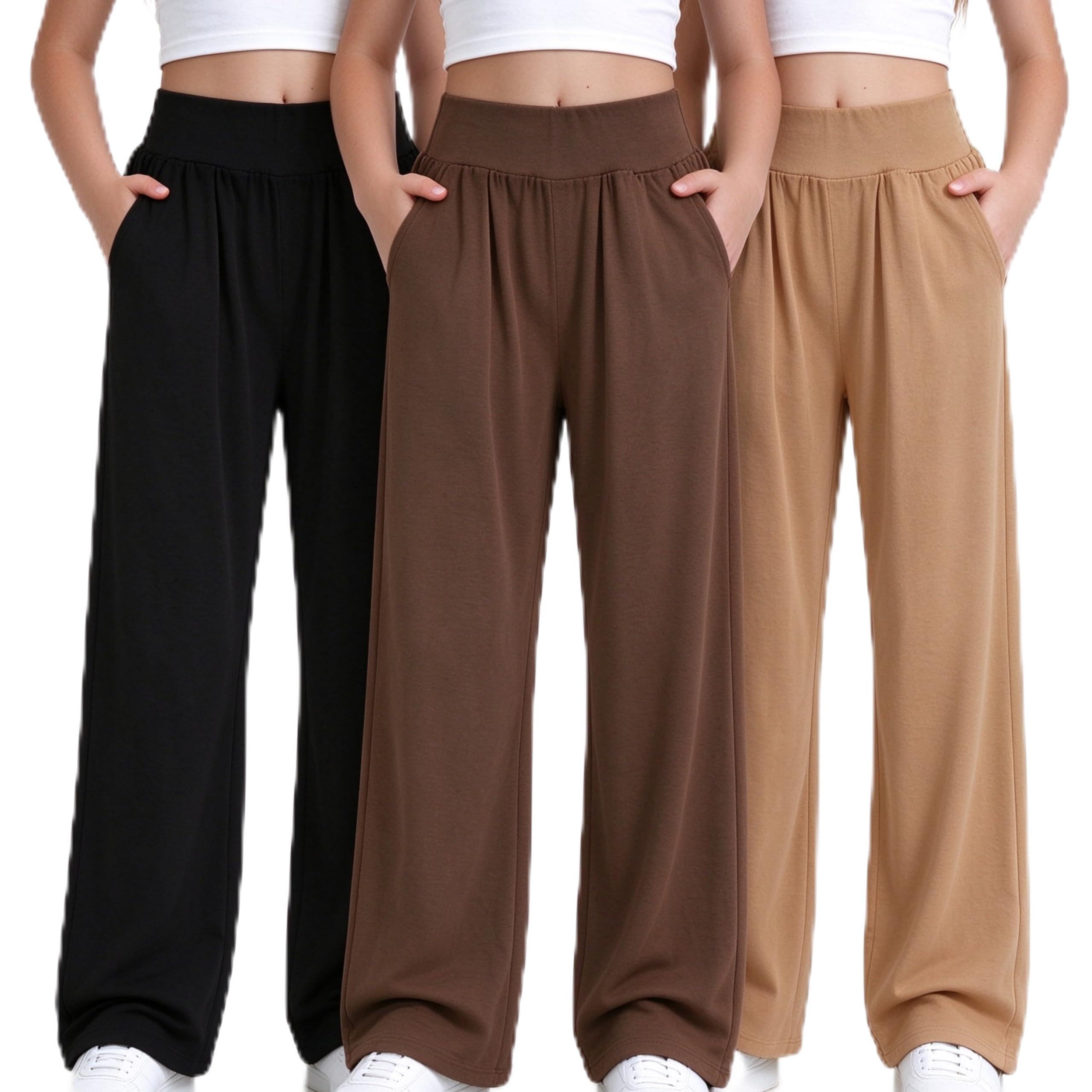 EXARUS 3 Pack Girls Wide Leg Pants Baggy/Tapered Loose Casual School