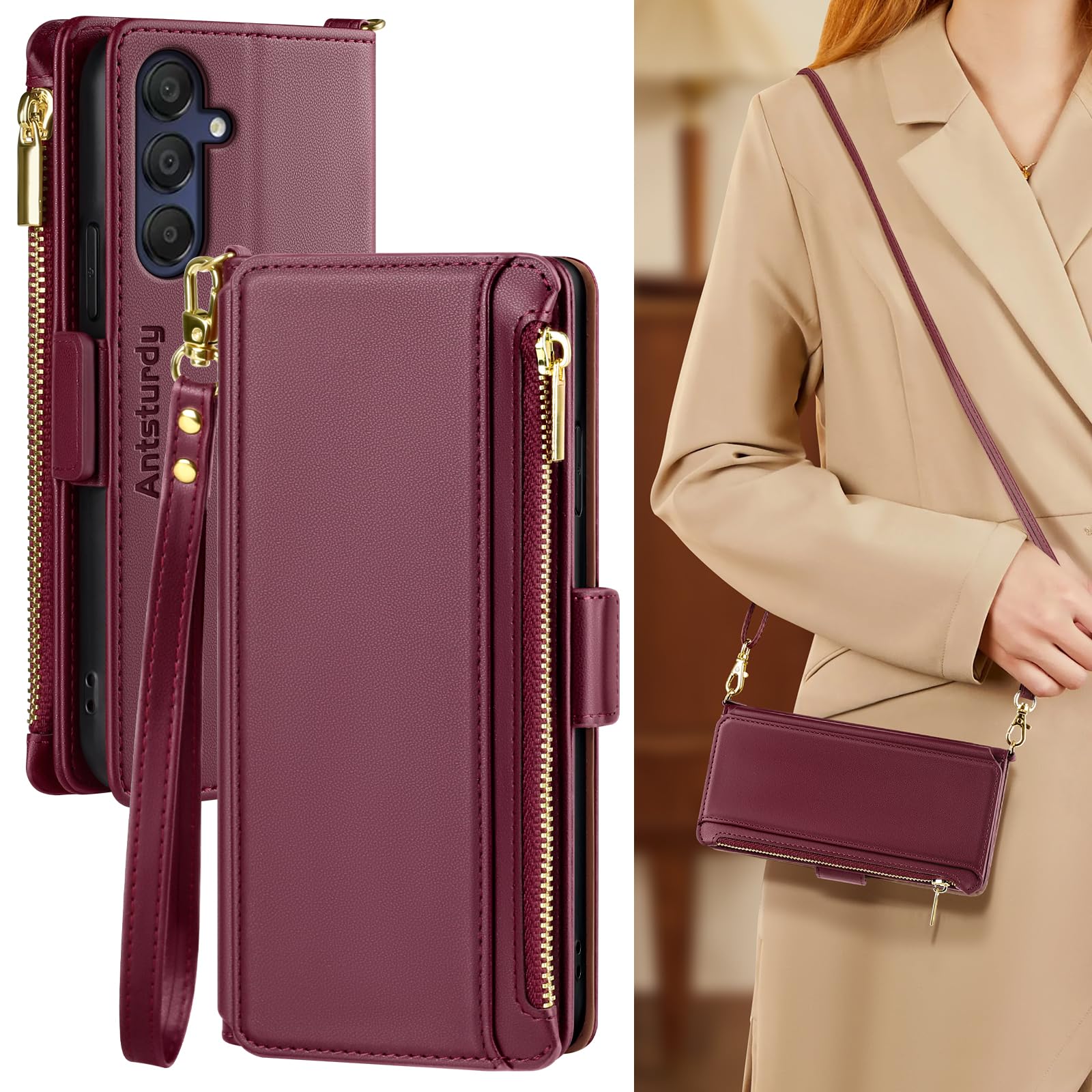 Antsturdy Compatible with Samsung Galaxy A15 5G Wallet Case for Women【RFID Blocking】 PU Leather Crossbody Phone Case Zipper Wrist Strap Flip