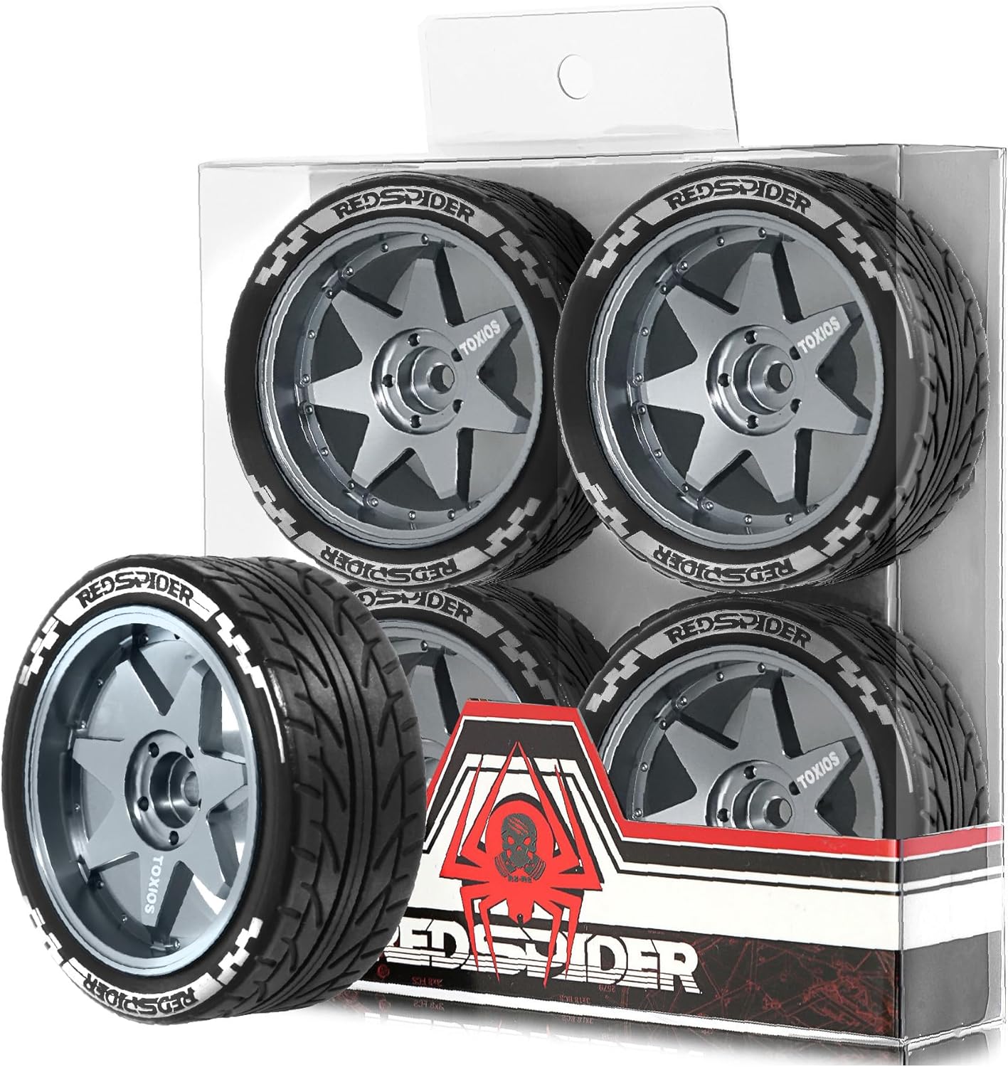 REDSPIDER 1/10 On Road Tires and Metal Wheels 12mm Hex RC Rally Racing Tyres OD 2.55" 4PCS for Tamiya TT01 TT02 XV01 TA06 A959 PTG2 HPI KYOSHO PTG2 Traxxas 1:10 Street Touring Drift Car (Titanium)