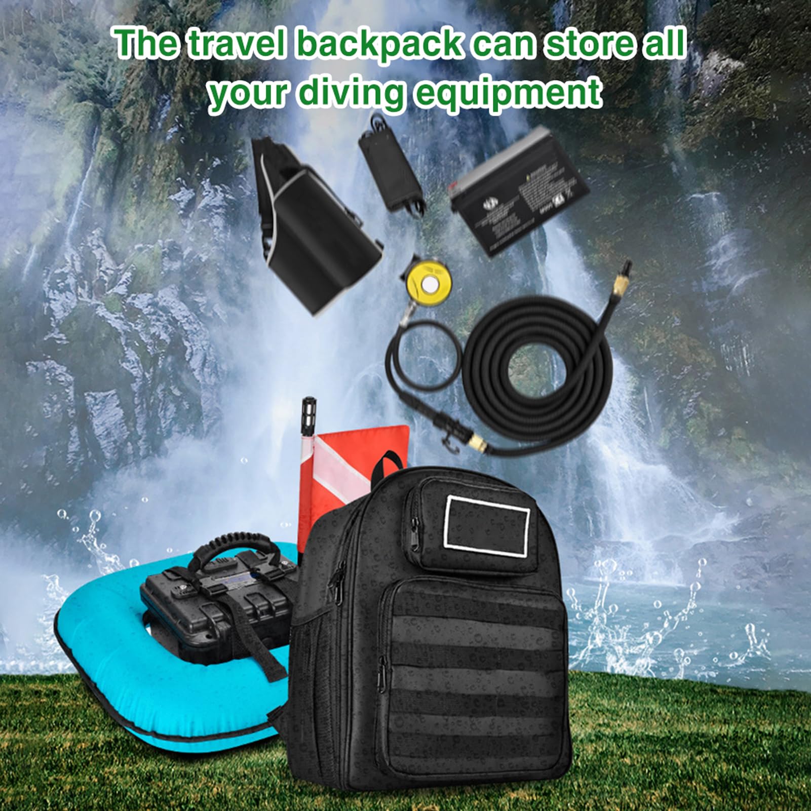Kavolet Tragbarer elektrischer Tauchventilator, wiederaufladbarer Tauchsystem, wasserdichter Luftkompressor, Tauchtank mit Reiserucksack zum Tauchen für Tauchen, Angeln