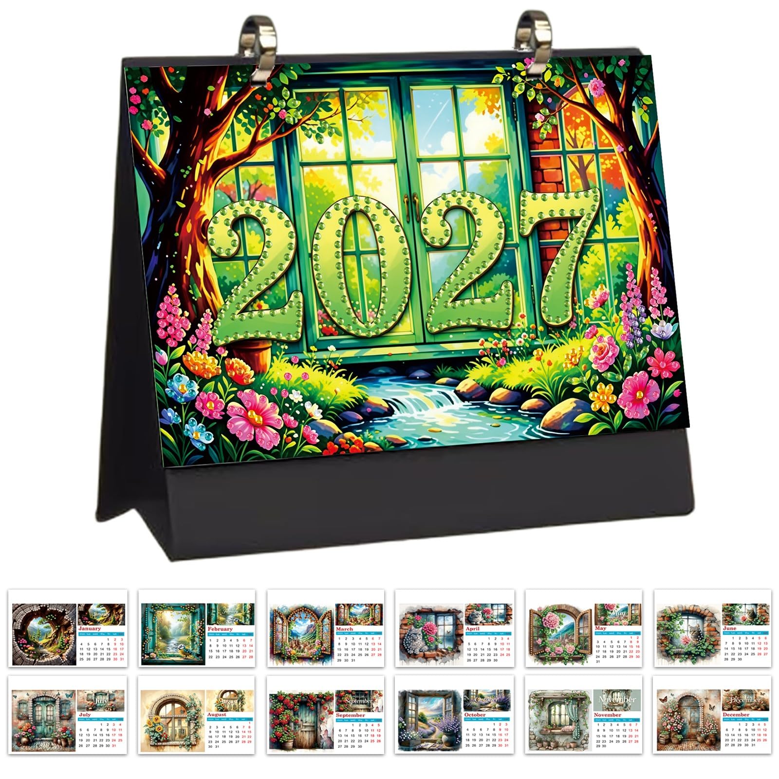 Lebartm 2027 DIY Diamond Art Desk Calendar 17x21cm Gemstone Painting Monthly Flip Tabletop Calendar for Home Office Decor Planning Handmade Craft Gift-Window