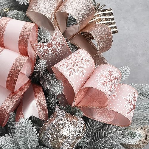 Miniatura 3 de Ribbli Cinta de Navidad con alambre de oro rosa para árbol de Navidad, copos de nieve, cintas con alambre con purpurina para manualidades, envoltura