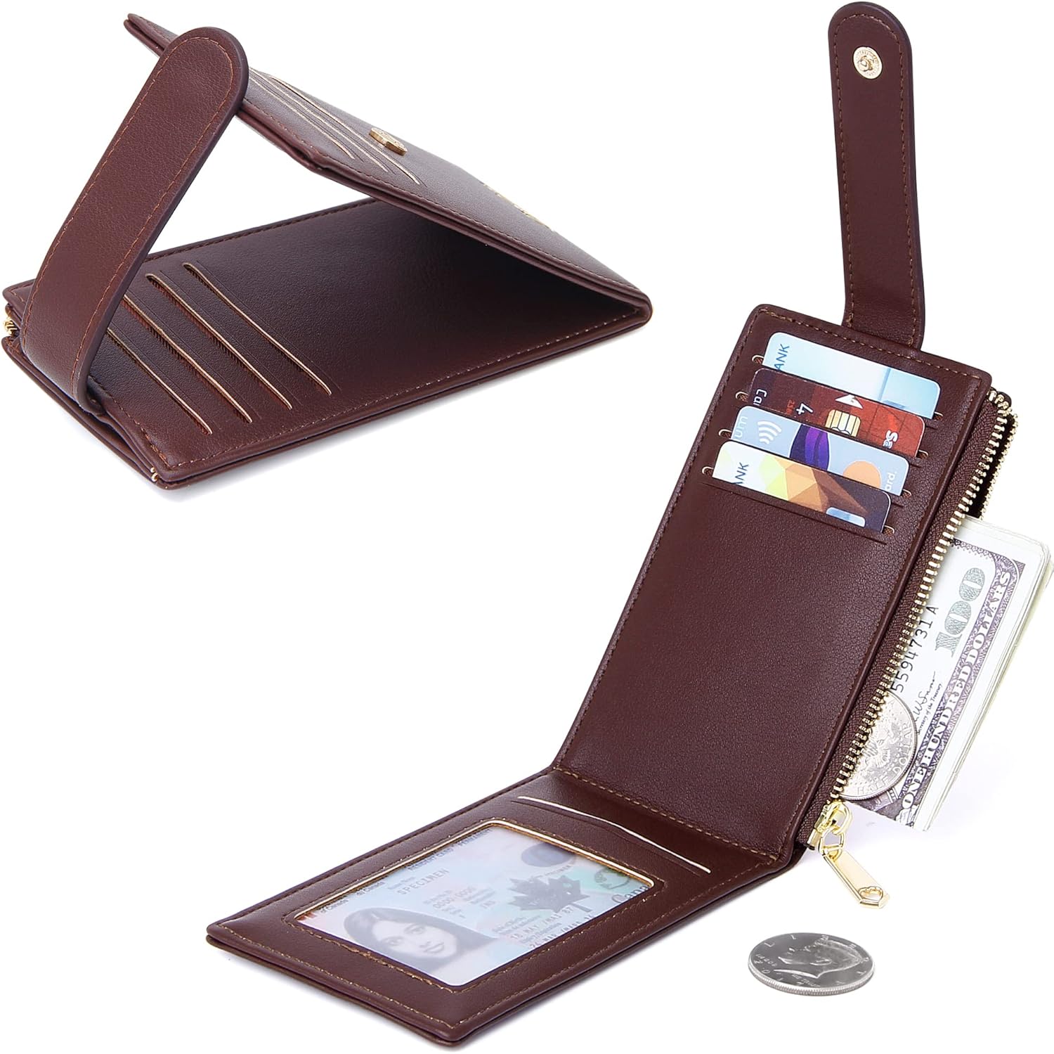 Badiya Slim Women Wallet RFID Blocking Bifold Compact 9 Card Slots Holder Wallets Soft Leather with Zipper Coin Pocket 2 ID Window - Image 2