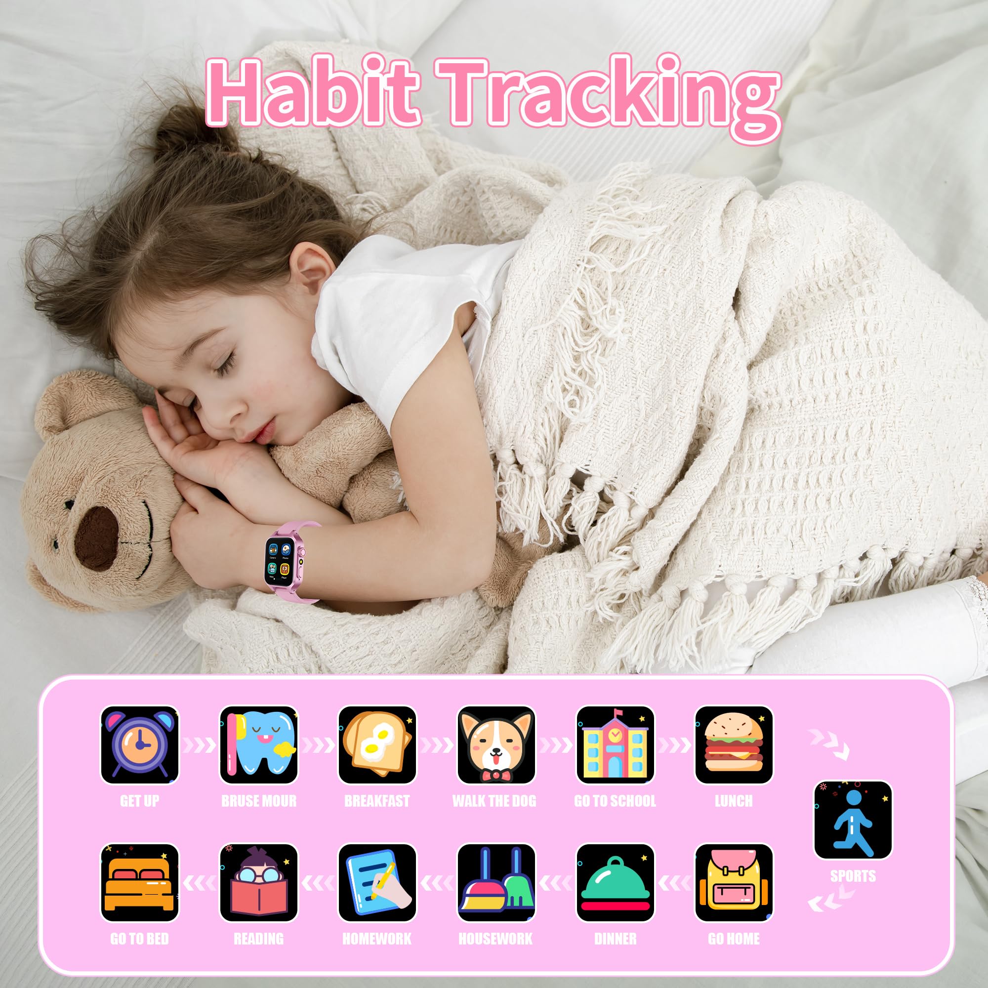 Orolog 32 Giochi Smartwatch Bambini,smartwatch bambina con 22 Sfondi animati,Fotocamera,3 Modalità Sportive,Sveglia,Audiobook,Imparare la carta,Musica,Contapassi,registratore,Regali per ragazze e raga
