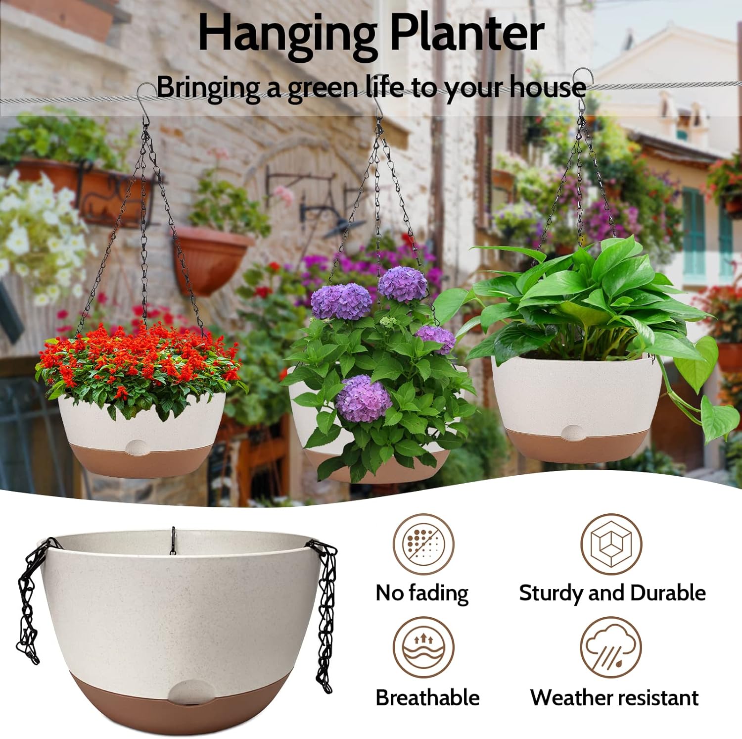 EURCRBU 2 Pack Hanging Planters for Outdoor Indoor Plants, 10 Inch Plastic Outdoor Hanging Planter, Hanging Flower Pots for Outside with Drainage Holes & Removable Saucer for Garden Home (Beige) : Patio, Lawn & Garden
