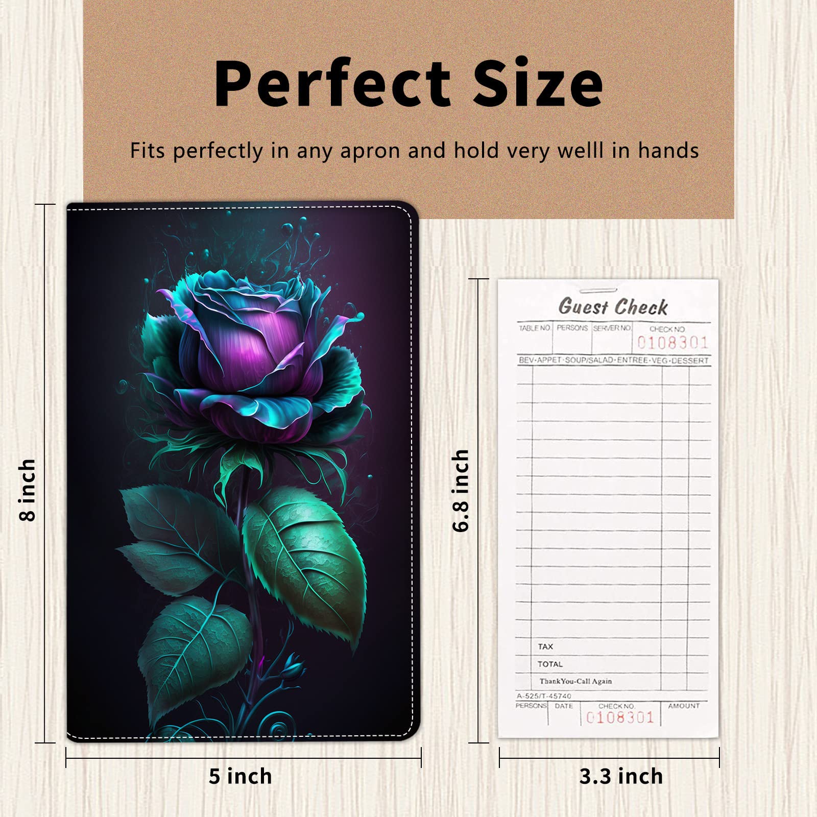 Server Book for Waitress,Leather Waitress Book Organizer with Zipper Pocket Waiter Book Server Wallet Fit Server Apron and Guest Check Books for Servers Waitress Notepad,Blue Rose Flower