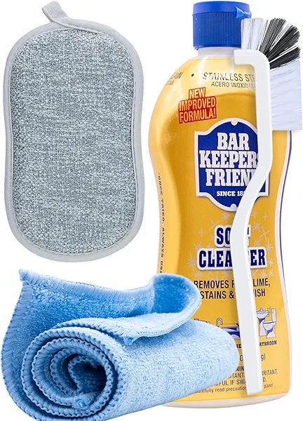 13 oz All-Purpose Soft Cleanser - Bar Keepers Friend - Bundled with Brush, Scrub Sponge, and Microfiber Towel | Powerful Rust, Lime, Stains & Remover for Kitchen Surfaces, and Bathroom Fixtures