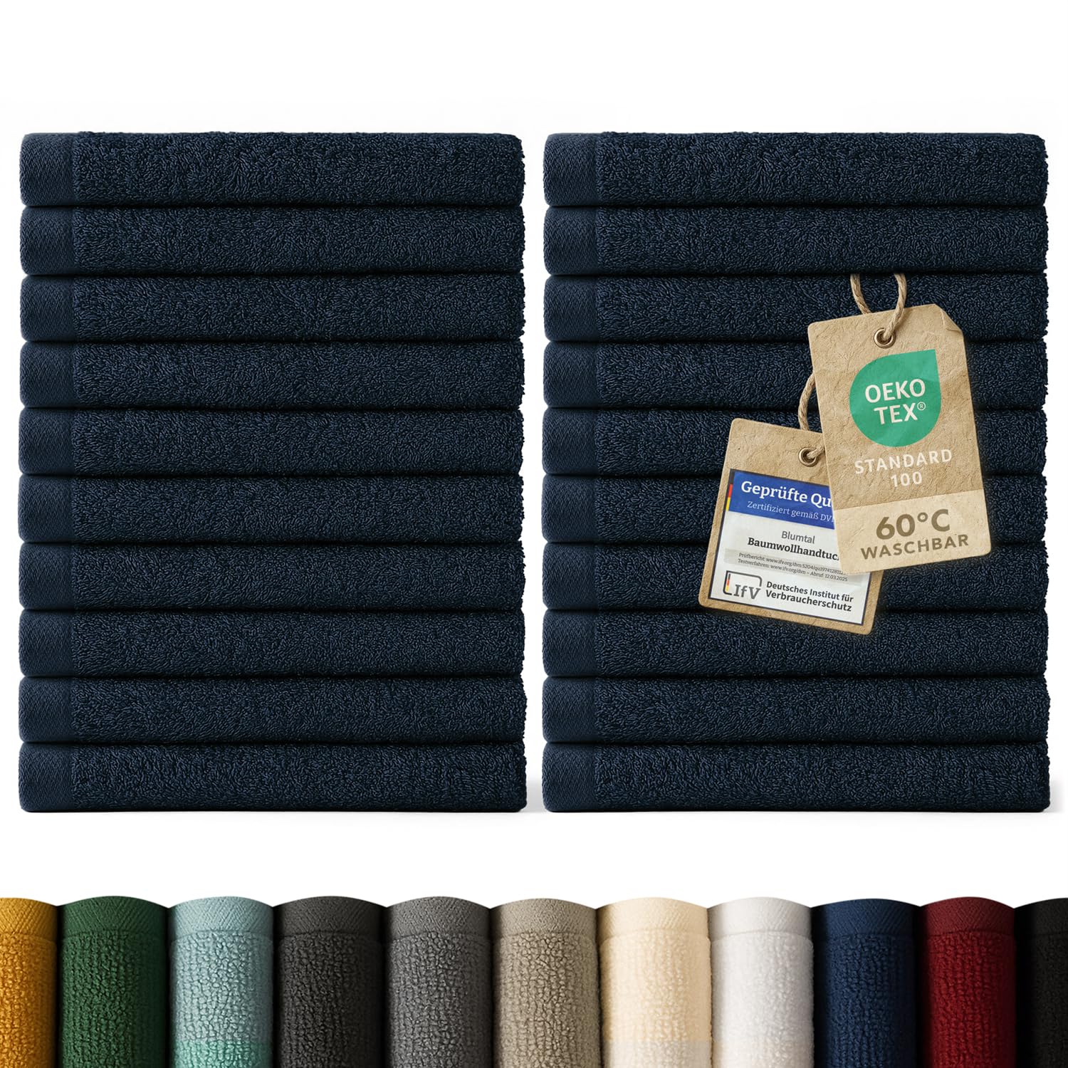 Blumtal Premium Frottier Gästehandtücher Set 24 teilig 100% Baumwolle - Oeko-TEX zertifiziertes Gästehandtuch 24x (30x30 cm) - Ultra saugstarkes Gästetücher Set waschbar °60 - Handtücher Dunkelblau