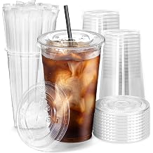 Fit Meal Prep 200 Pack 24 oz Plastic Iced Coffee Cups with Flat Lids and Black Straws, Disposable Clear Cup, BPA Free Cup for Party, Smoothie, Cold Drinks, Juice, Milkshake, Bubble Boba, Tea