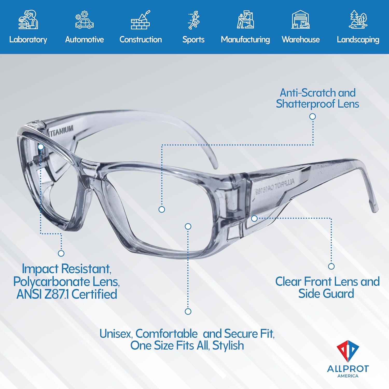 TITANIUM - Safety Glasses for Men, Women, ANSI z87.1 Blue protective eyewear