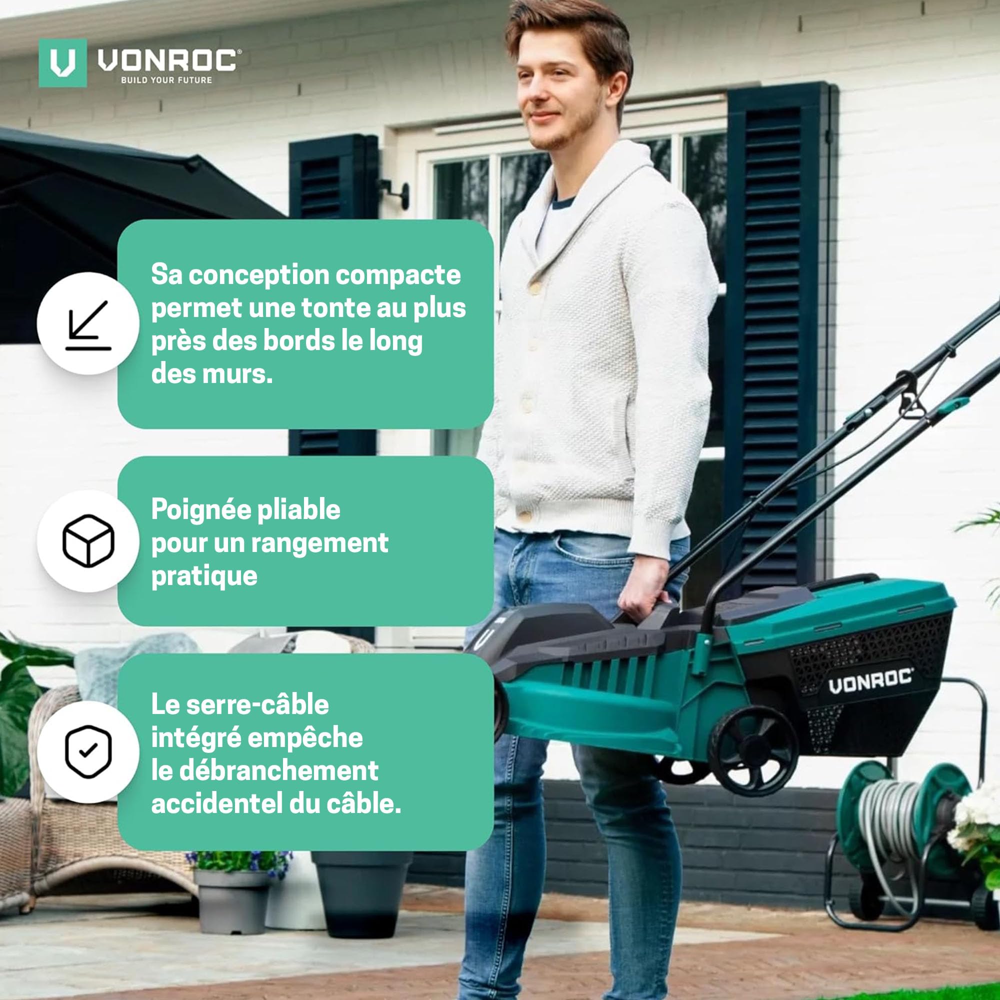 VONROC Tondeuse Gazon 1300W - Largeur de Coupe 32cm - Bac Ramassage Tondeuse 30L Inclus - Entretien du Jardin, de la Pelouse - Interrupteur de Sécurité, Facile à Transporter - Serre-Câble Fournis