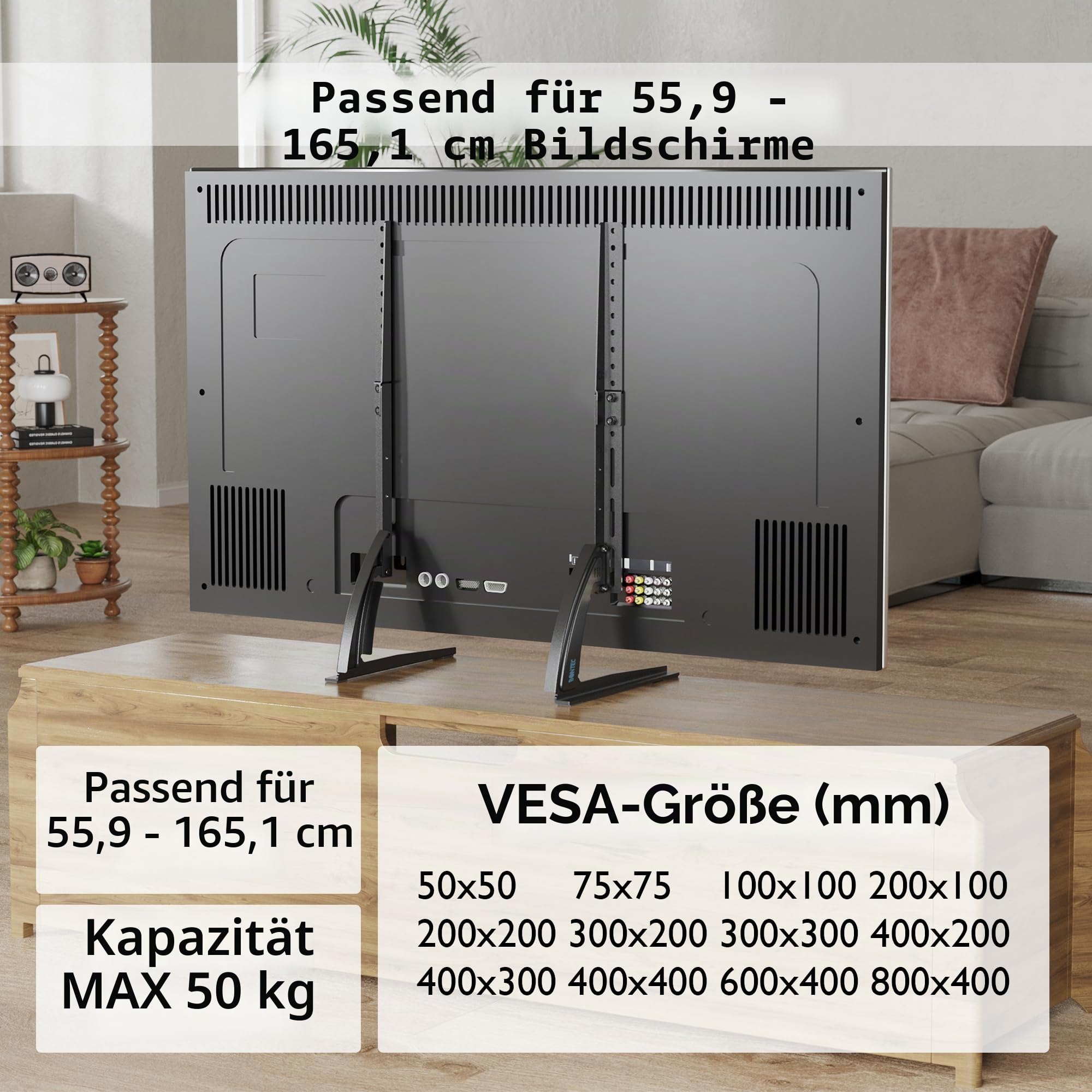 BONTEC TV Standfuß für 22–65 Zoll Fernseher, Höhenverstellbarer Universal Standfuß bis 50 kg, Kompatibel mit VESA 50×50 bis 800×400 mm, Stabile Stahlkonstruktion, Platzsparendes Design