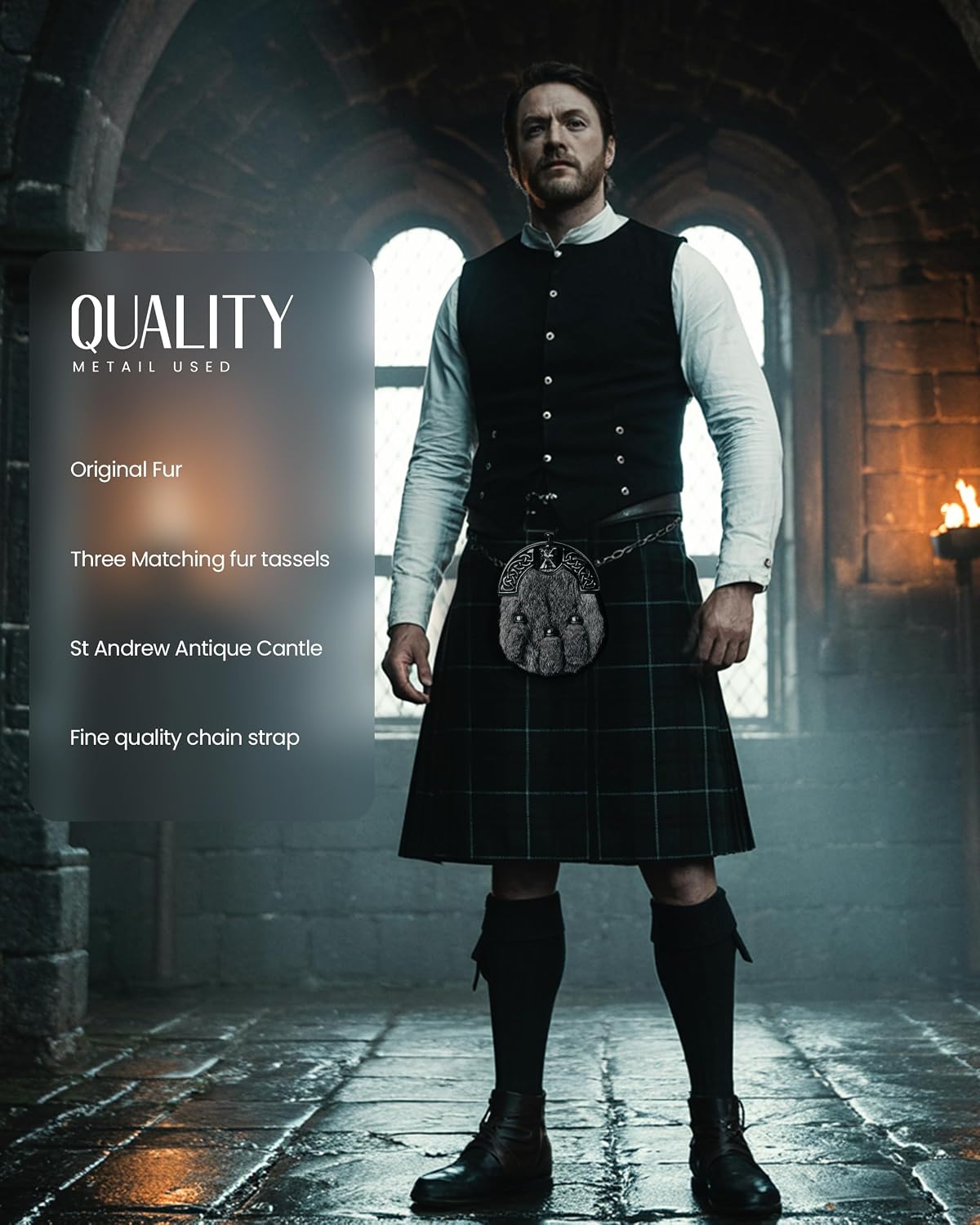 Sporran Kilt for Men Premium Fur Full Dress Scottish kilts Sporrans for men with Chain Belt Kilt Accessories