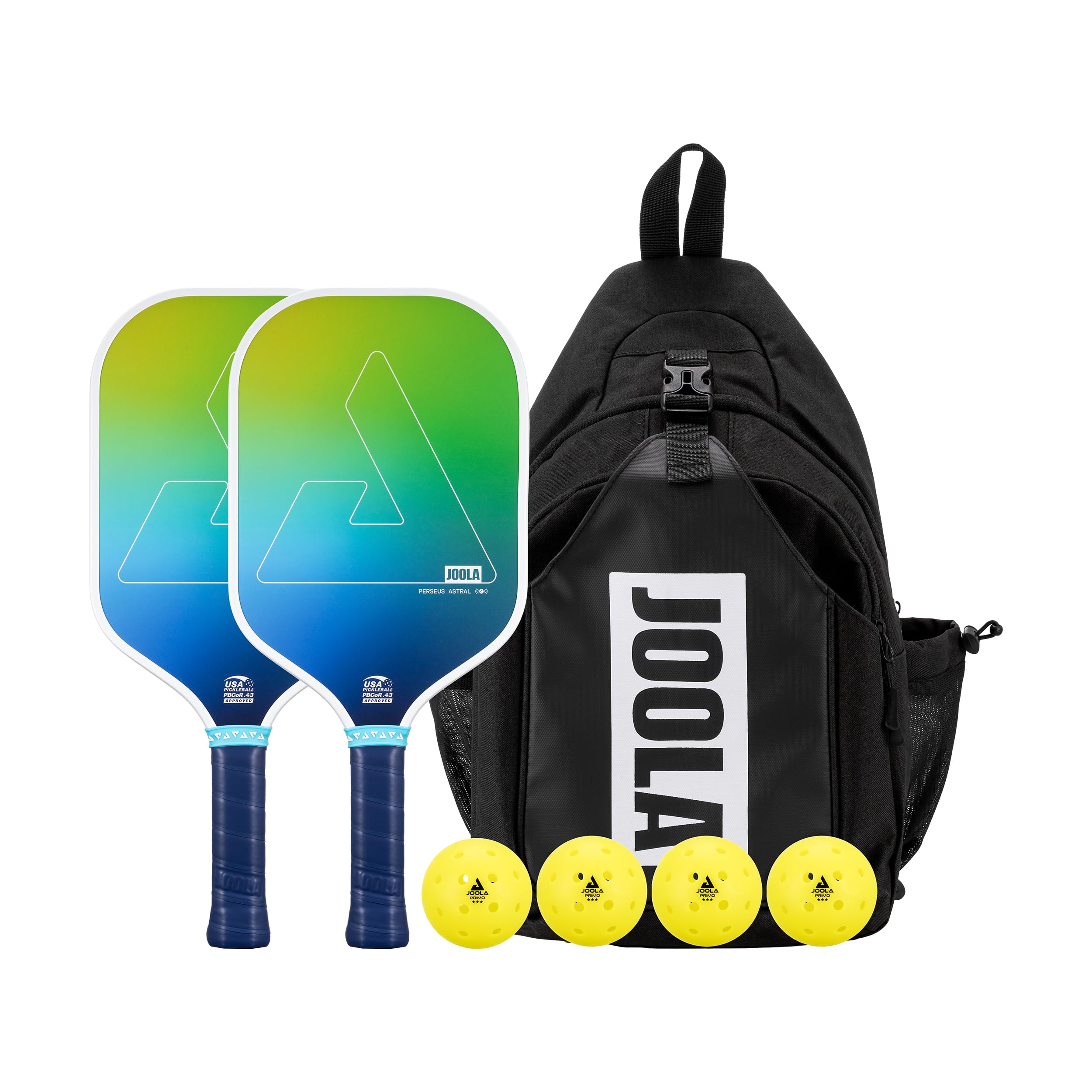 JOOLA Perseus Astral Pickleball Paddles Set of 2 - Includes: 2 Pickleball Paddles, 4 Balls & Sling Bag - Cold Press Carbon Surface - Lightweight, Beginner Friendly - USAP Approved - NFC Enabled