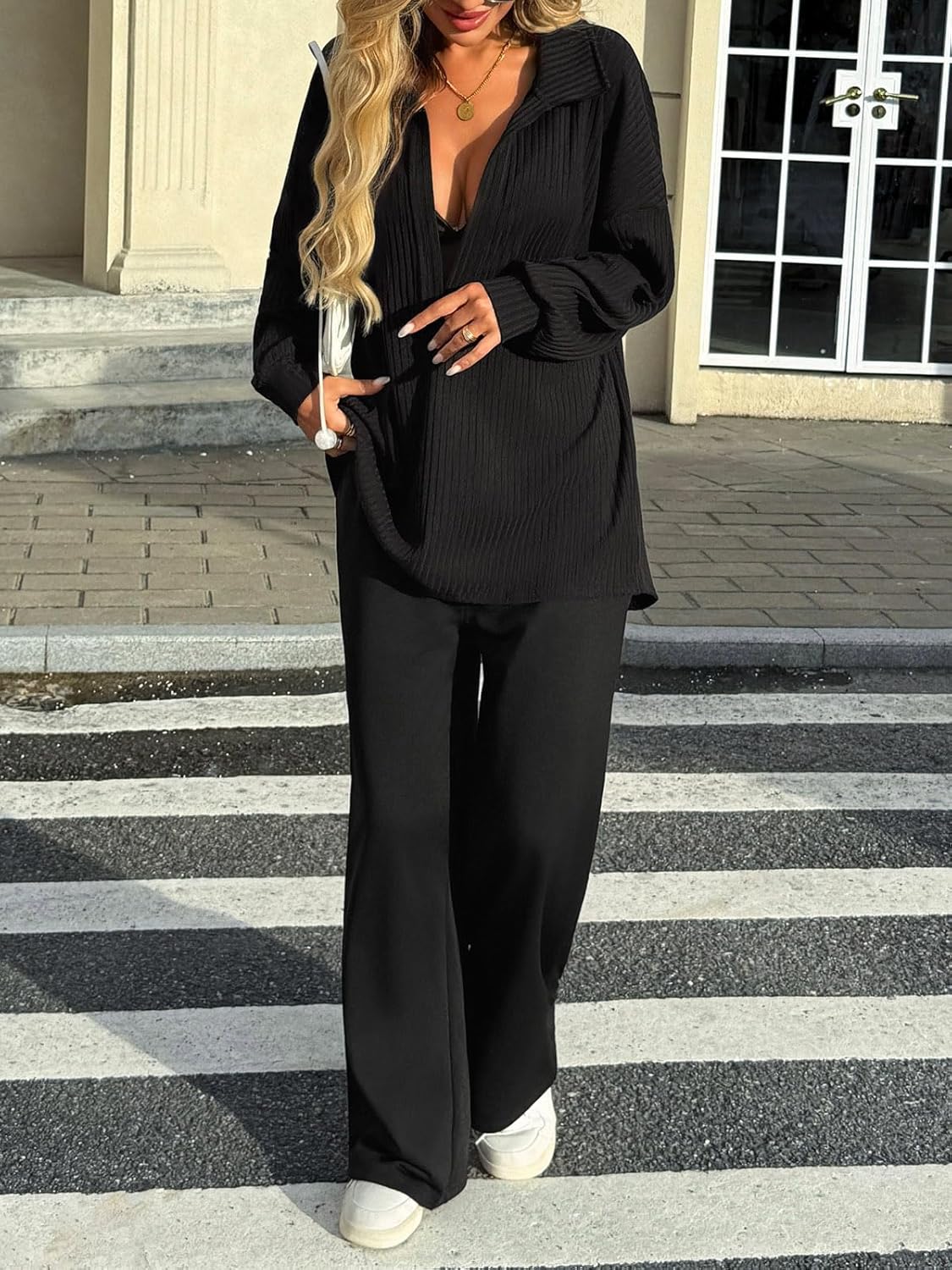 Fisoew Womens Oversized Deep V Neck Sweatshirts Casual Collared Long Sleeve Ribbed Knit Pullover Tops - Image 5