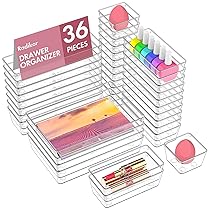 Radikor Organizer Cassetti 36 Pezzi, Organizer Trucchi Cassetti in Plastica Trasparente, Organizer Cassetti Bagno Impilabili di 4 Dimensioni, Contenitori Cassetti per Bagno, Cucina, Trucchi, Scrivania