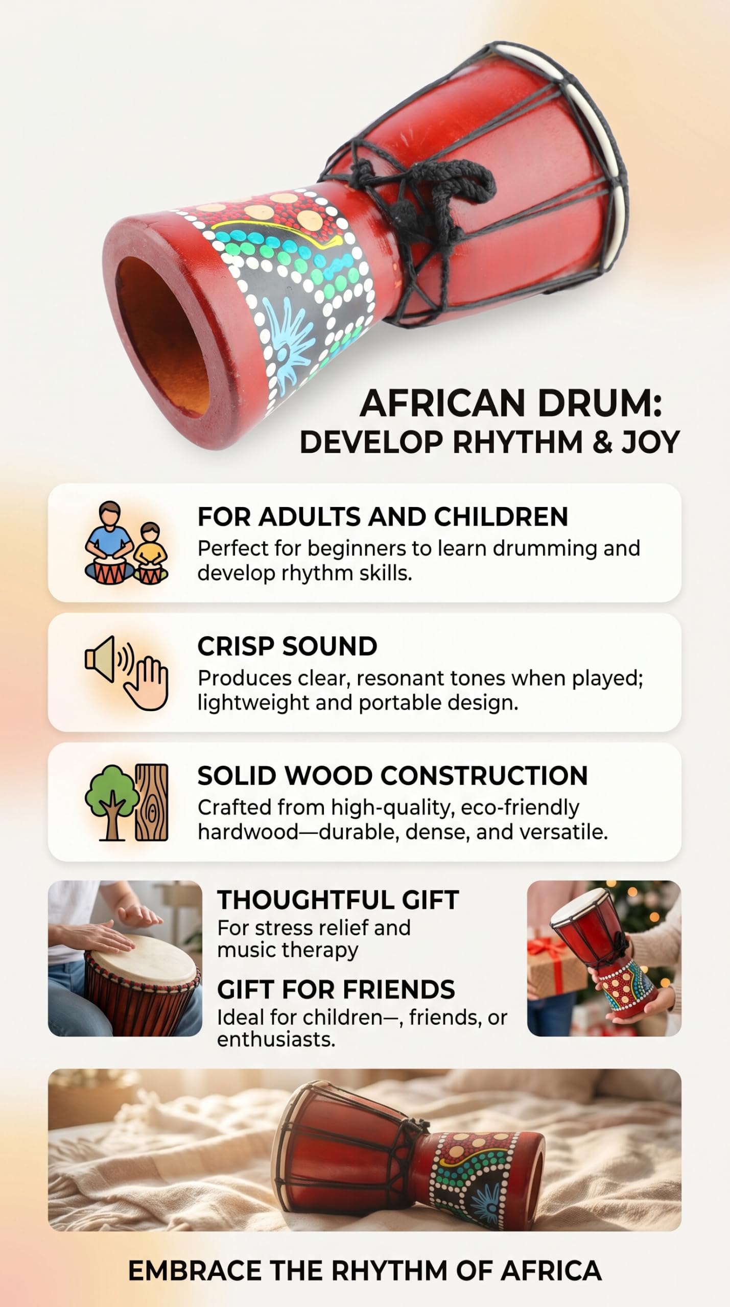 RiToEasysports Percusión Djembe de Mano de Madera de Tambor Africano, Sonido Claro para Adultos y Niños, Madera Maciza para Amantes de la Música