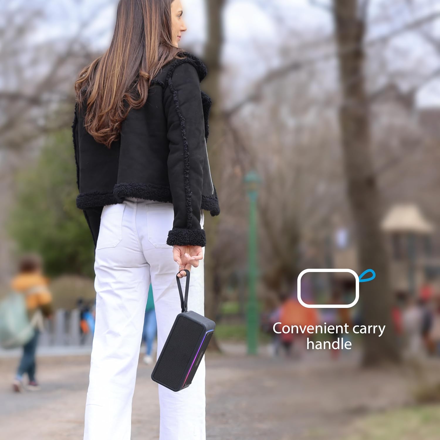 AT&T Essentials Retro 80W Bluetooth Speaker, IPX6 Waterproof, Bluetooth 5.3, LED Light Modes, Bass & Treble Control, 12H Battery, USB-C Charging, Outdoor & Indoor Use, Home Audio System - Cream - Image 5