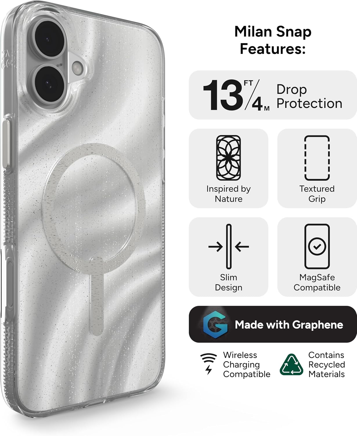 ZAGG Milan Snap Case for iPhone 16 Plus – White Glitter Swirl on Clear Base, MagSafe Compatible, 13ft Drop Protection, Recycled Materials, Slim & Stylish Design