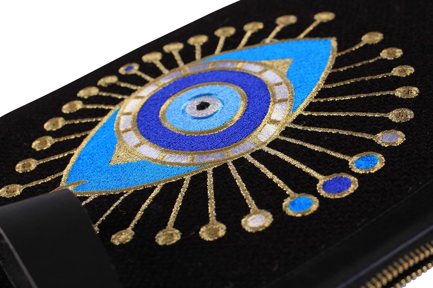 Evil Eye Embroidery Black Jute Clutch Bag Sun Beach Summer Style, Medium