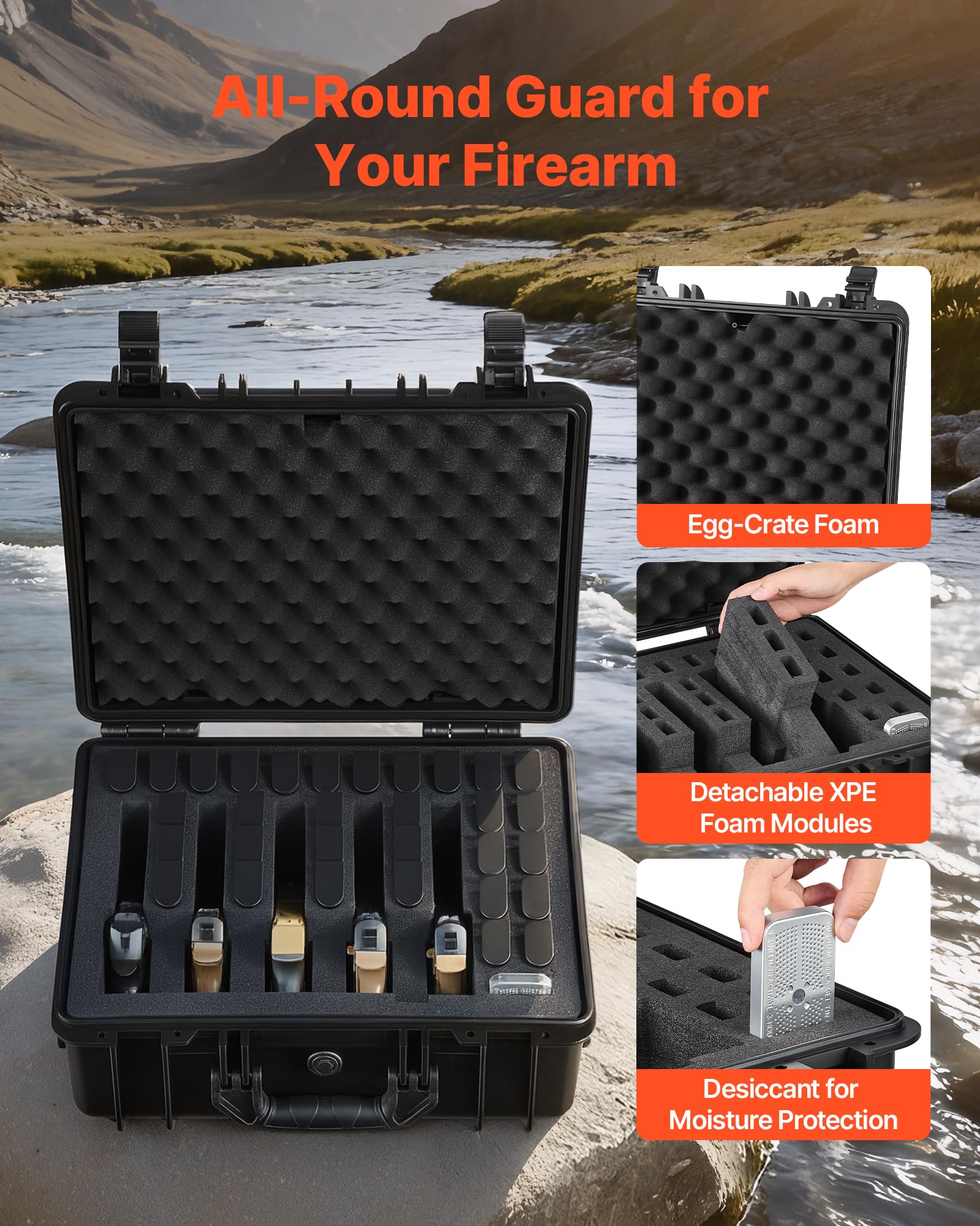 VEVOR Estuche Rígido para Pistola con Revestimiento de Espuma XPE, Funda para 5 Pistolas, Resistente al Agua y Polvo con Interior Personalizable y Asa 475 x 415 x 215 mm, Negro, Cumple con la TSA