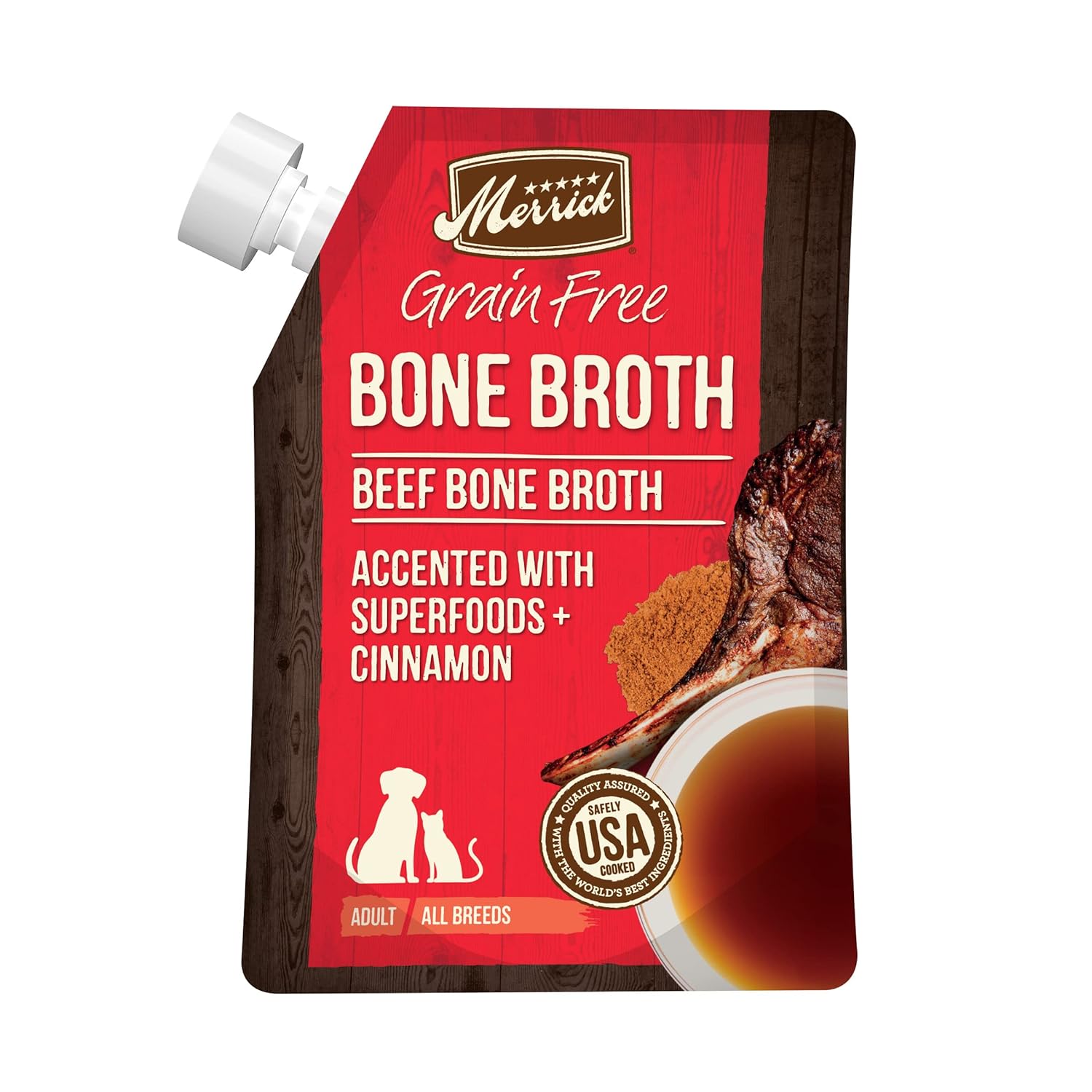 Merrick Grain Free Beef Bone Broth Dog and Cat Food Topper, Premium Grain-Free Complement, 16 oz. Pouch