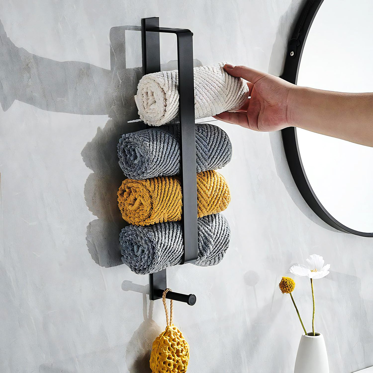 Self Adhesive Towel Bar with Hook, 17" Towel Rack for Rolled Towels Stainless Steel, Modern Style Mounted Towel Holder, Towel Rack for Bathroom, Kitchen, Black