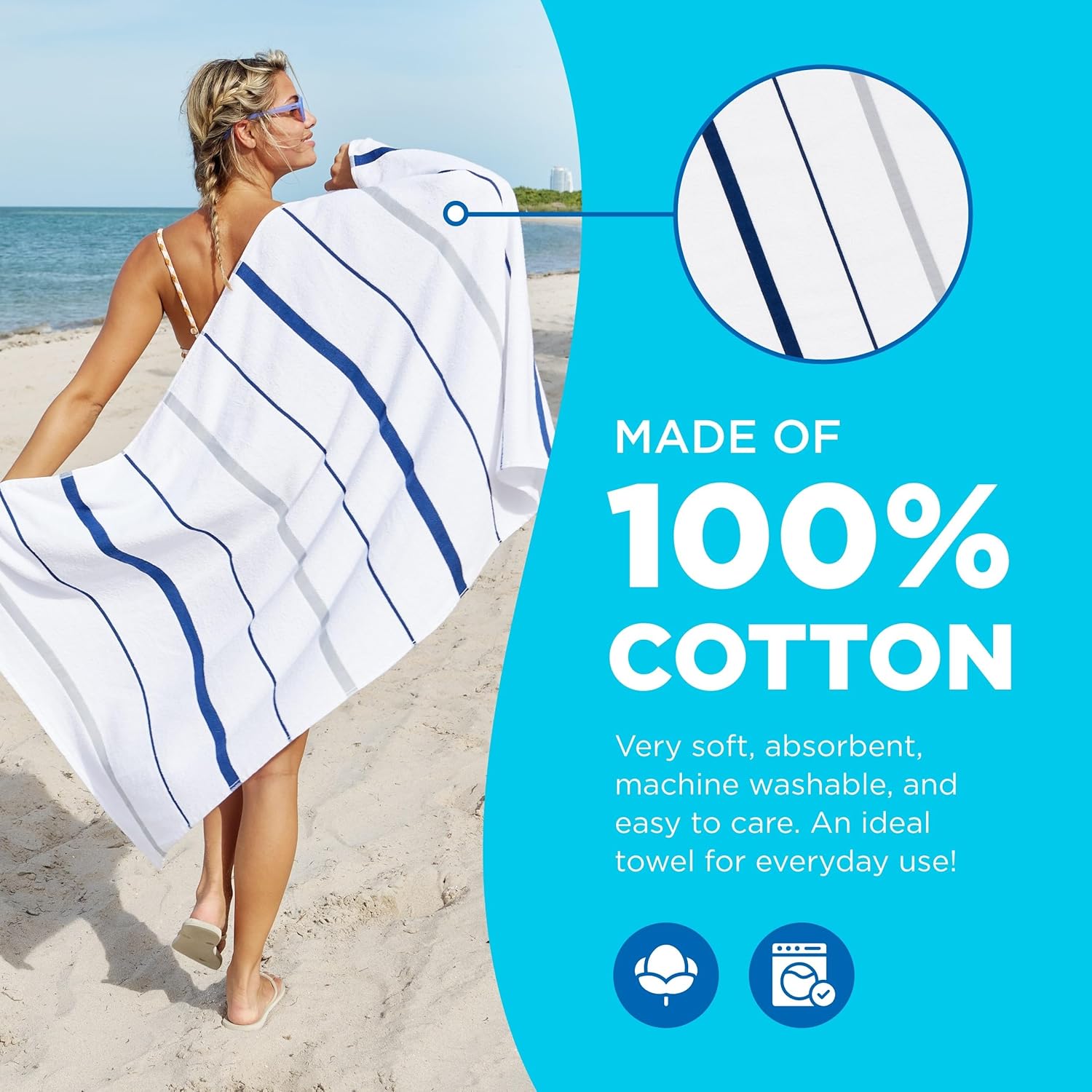 Ben Kaufman Terry Horizontal Sailor Stripes Towels - Cotton Terry Towels for Beach & Pool - Oversized & Absorbent Striped Beach Towels - Beach & Pool Essential - Navy, 4 Pack