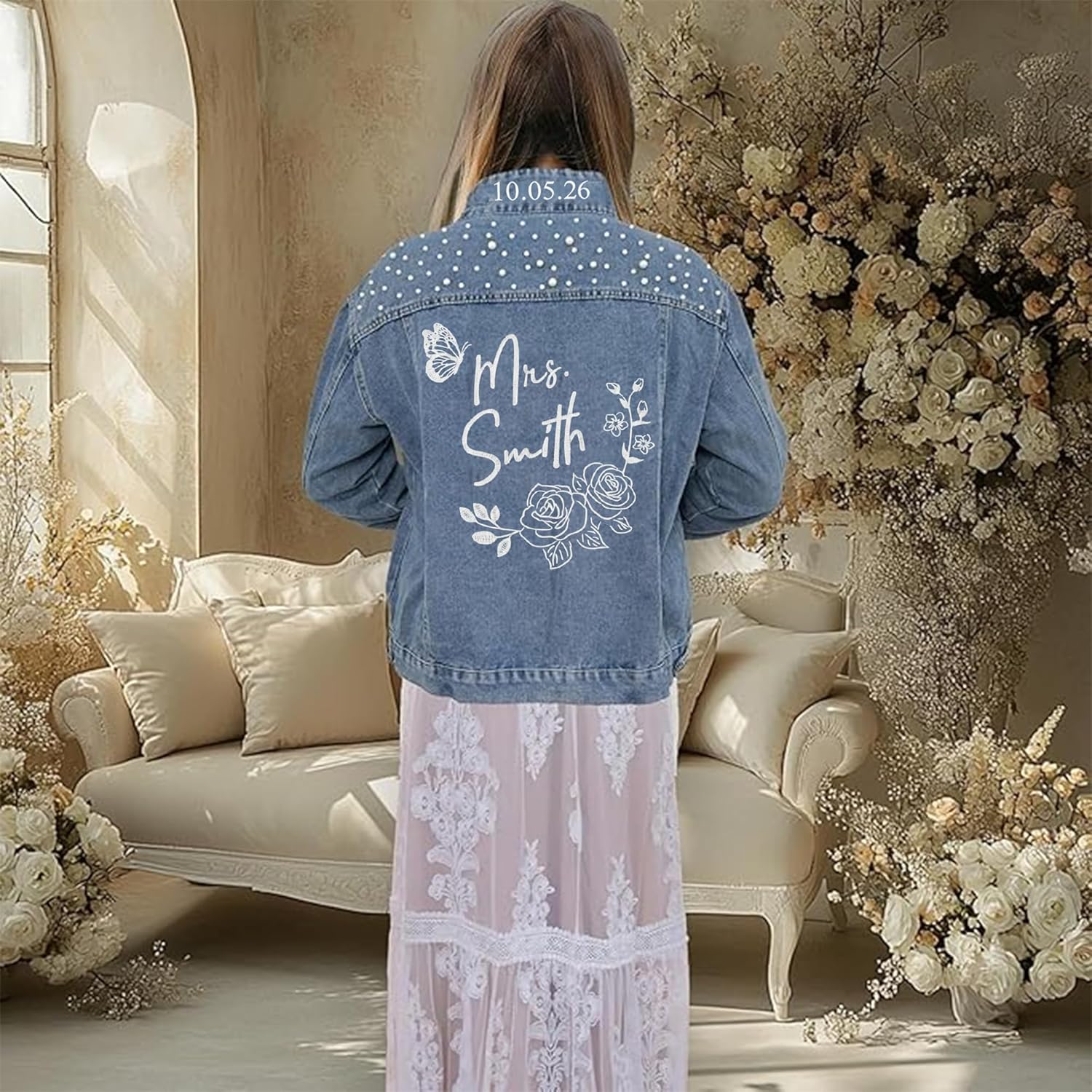 Personalized Embroidered Bride Denim Jacket, Future Mrs Jean Jacket With Pearls, Wedding gifts for Bride
