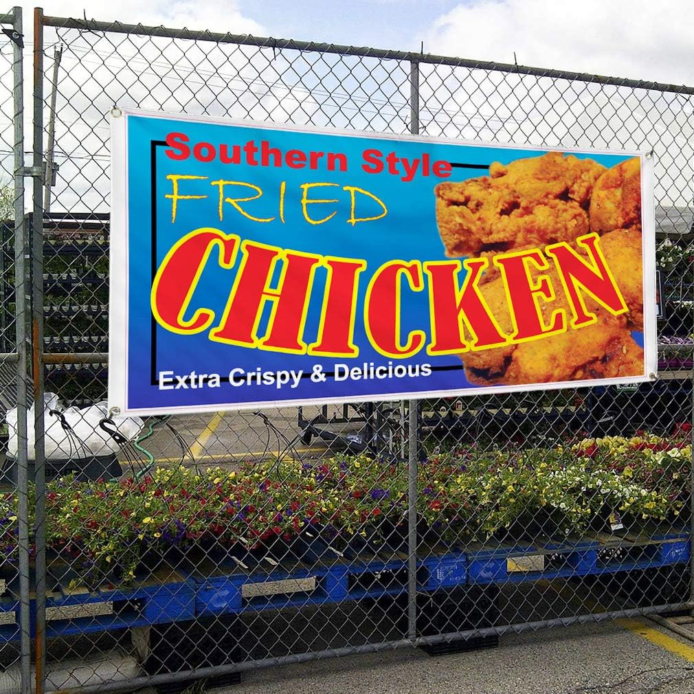 Vinyl Banner Multiple Sizes Southern Style Fried Chicken Restaurant Cafe A Restaurant & Food Outdoor Weatherproof Industrial Yard Signs Brown 4 Grommets 16x40Inches